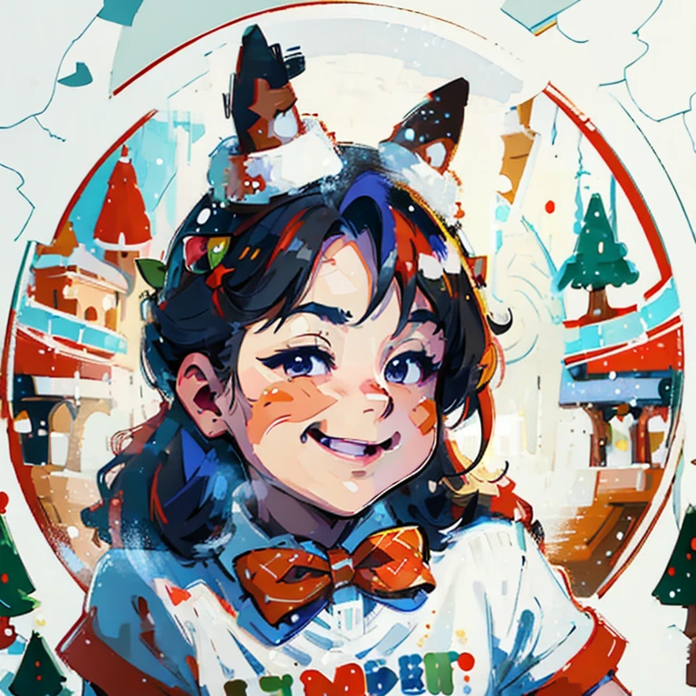 "Cute corgi smiling wearing reindeer hat and bow tie, snow behind pine trees, Merry Christmas style, hyper-high detail, (((white backgrounid))), Stylized, Vector graphics, high high quality, 12k, solidcolor, A gorgeous one, 6 warm colors, sticker design, Professional t-shirt design, Vector t-shirt art ready for print, (tmasterpiece, Best quality, A high resolution:1.4)"