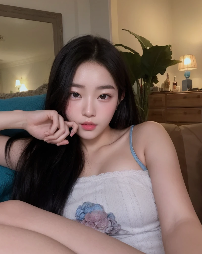 There's a woman sitting on a couch with a blue pillow, young adorable korean face, wan adorable korean face, gorgeous chinese model, linda mulher coreana jovem, young cute wan asian face, foto retrato suave 8 k, com olhos bonitos, Ulzzang, com bonito - fino - rosto, ela tem um rosto bonito, Fotografia selfie 8k