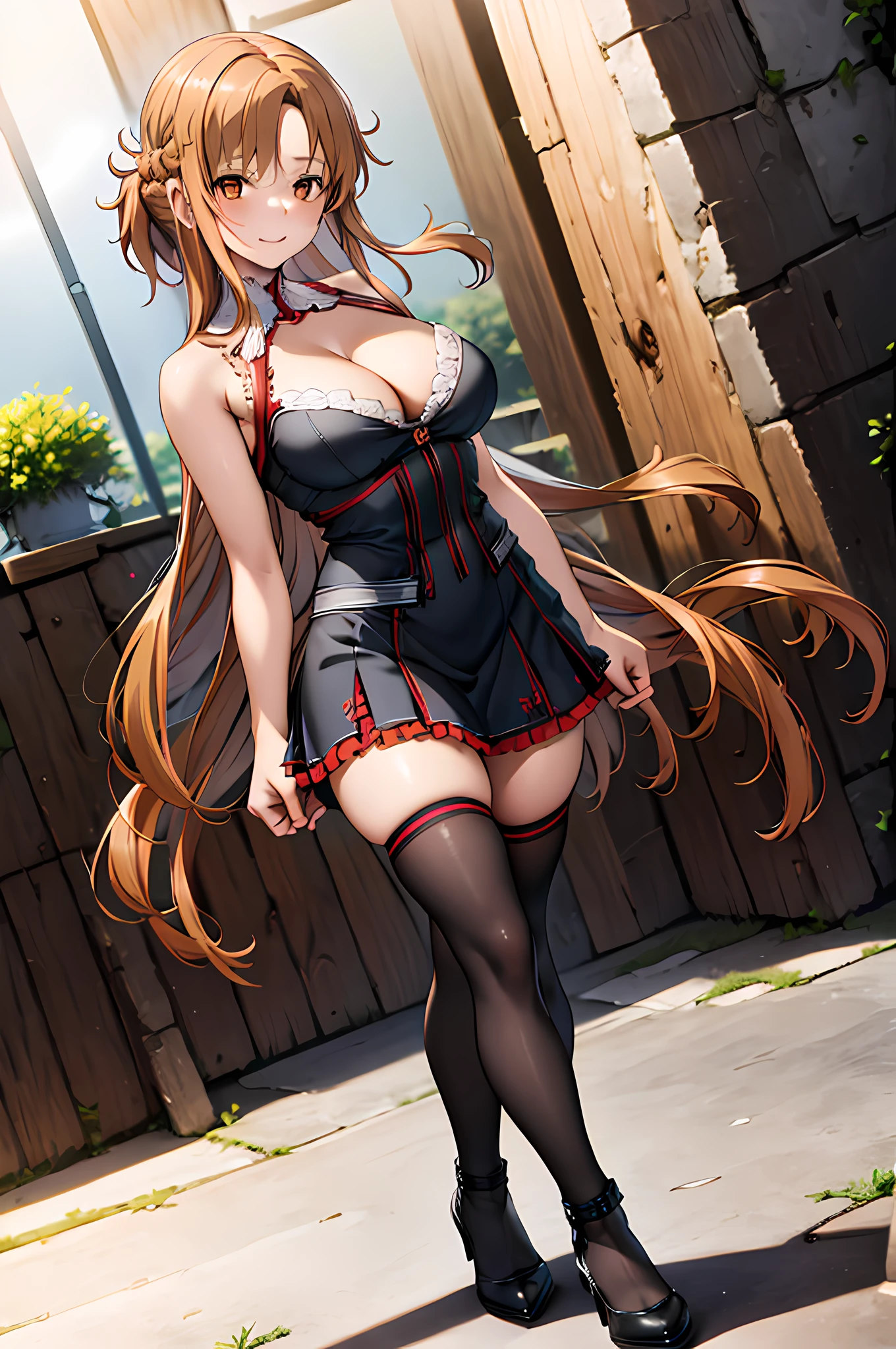 anime, highly detailed face, highly detailed eyes, highly detailed background, perfect lighting, full body, cleavage, 1girl, solo, Asuna Yuuki, asuna, formal, indoors, smile, black short dress, black heels, cleavage, tiara, jewelry, hair bun, frilled skirt, see-through, black thighhighs, long light brown hair, absurdres, high res, ultrasharp, 8K, masterpiece, looking at viewer