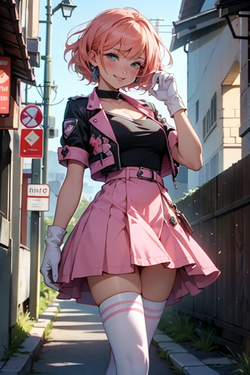 1girl,cowboy shot, beautiful noralkyrie, , looking at viewer, blush, smile, short hair, bangs, blue eyes, skirt, thighhighs, gloves, holding, hair between eyes, jewelry, medium breastsrbone, full body, boots, orange hair, grin, shiny hair, blue cropped jacket, white thighhighs, hammernight, outdoors, park, (volumetric lighting), best quality, masterpiece, intricate details, tonemapping, sharp focus, hyper detailed, heart cutout, gloves, jacket, pink skirt, pink belt, short sleeves, puffy sleeves,gle armband, fingerless gloves, pink gloves, white ankle boots with pink soles