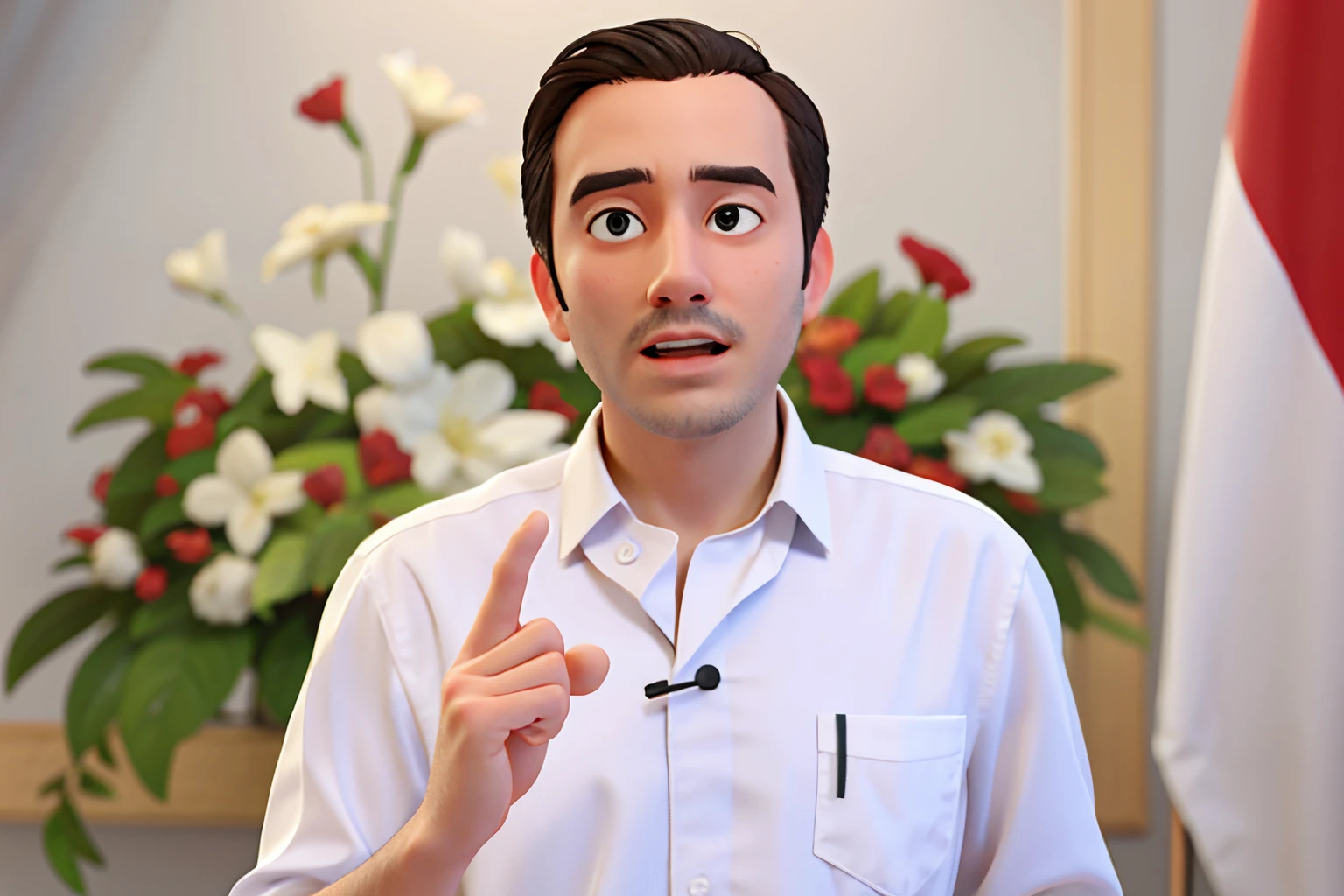 a man in white shirt giving a speech in front of a flag