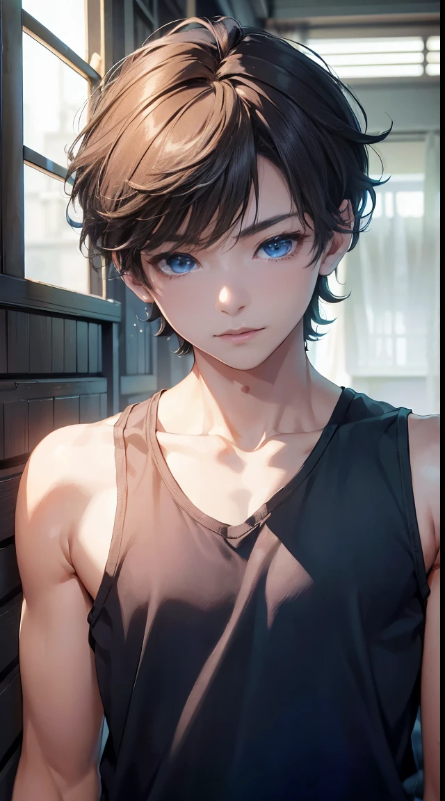 (absurderes、A high resolution、ultra - detailed)、tmasterpiece、top-quality、7 ，younge boy、独奏、A handsome、short detailed hair、brunette color hair、eBlue eyeinely eye and detailed face、Tank top、Real shadows、joy、Connect the ears、The upper part of the body