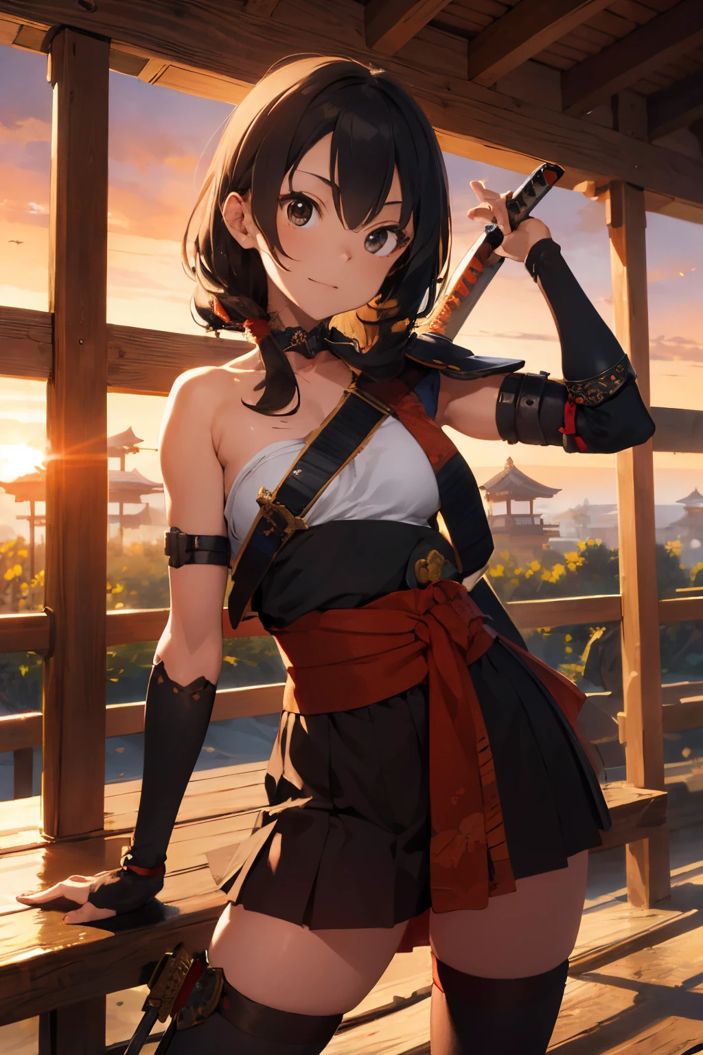 ((best quality)), ((masterpiece)), (detailed), perfect face, girl, warrior, skimpy samurai armor, wielding katana, red-oranfge sunset, japanese garden,