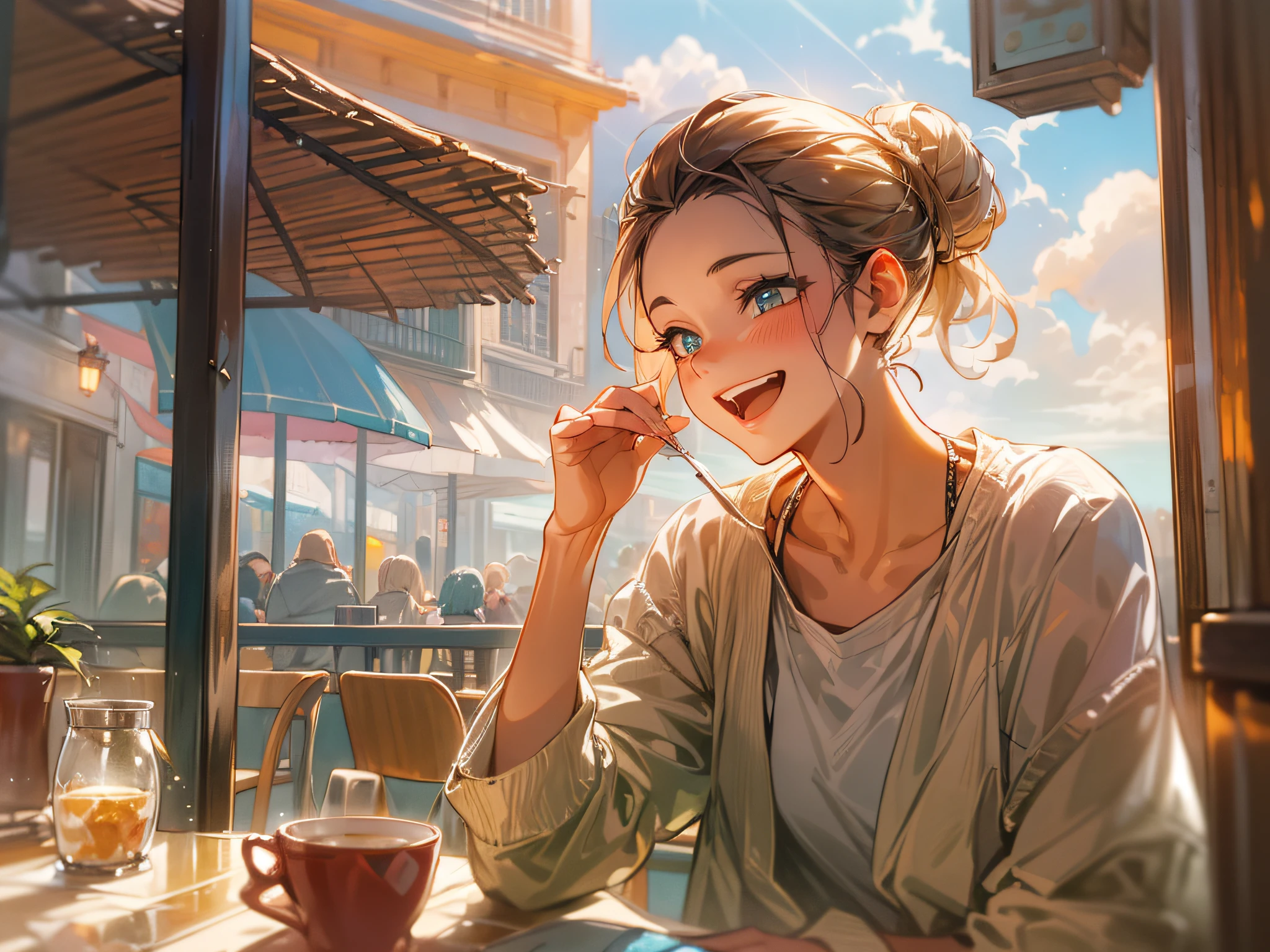 relaxing style, Warm atmosphere, masutepiece, Best Quality, (Super detailed beautiful face and eyes), Illustration, Detailed beautiful woman, Bun hair, (Comfortable wind and beautiful sky), laughing out loud, Dynamic Angle, depth of fields, outdoor cafe shop, Sitting on a chair on the terrace, distant cityscape, suns, Diffusion of light