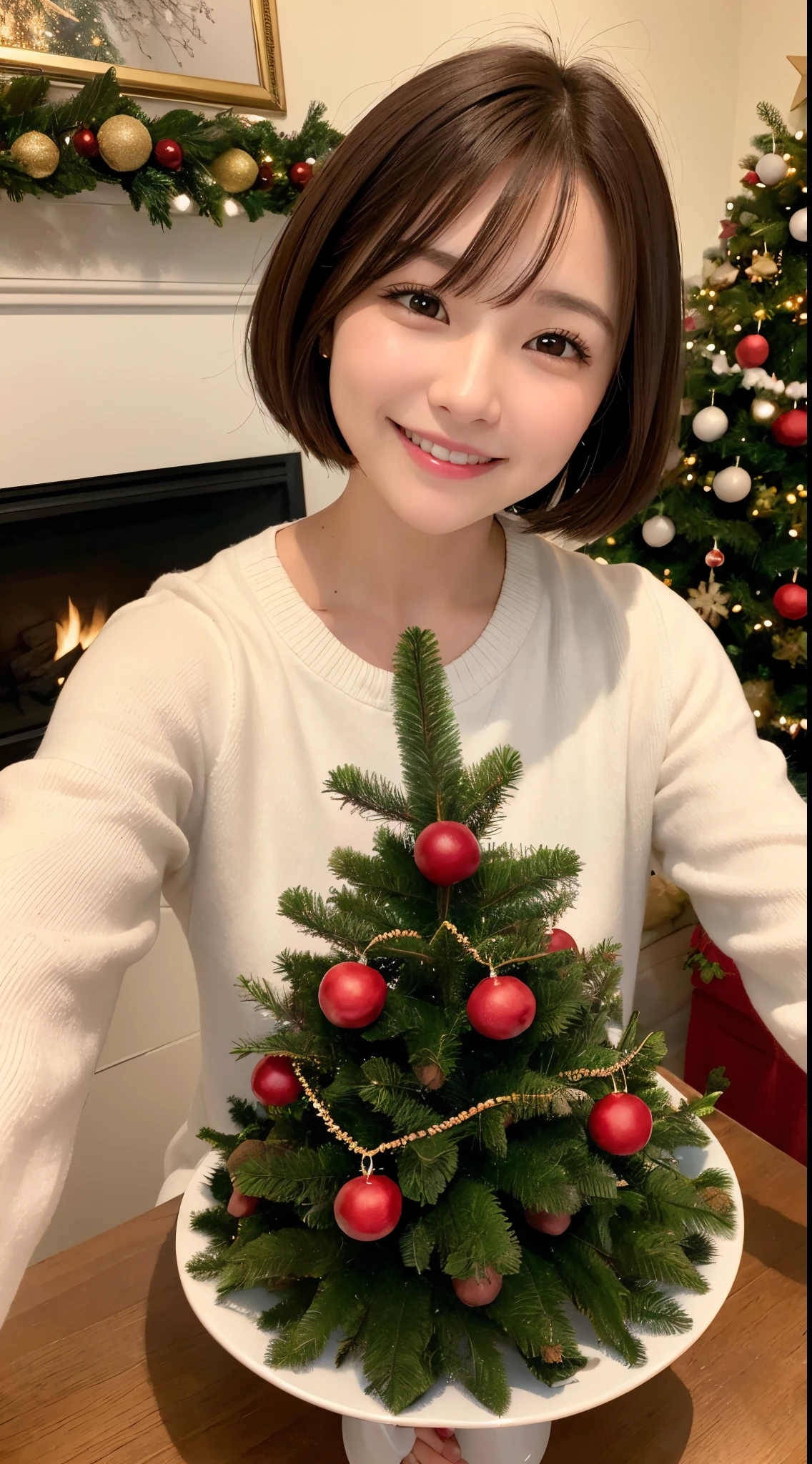 She is a 40 year old woman with a cute smile、thin and small lips、Small eyes、brown hair berry short cut、small nose、Christmas Tree Background、