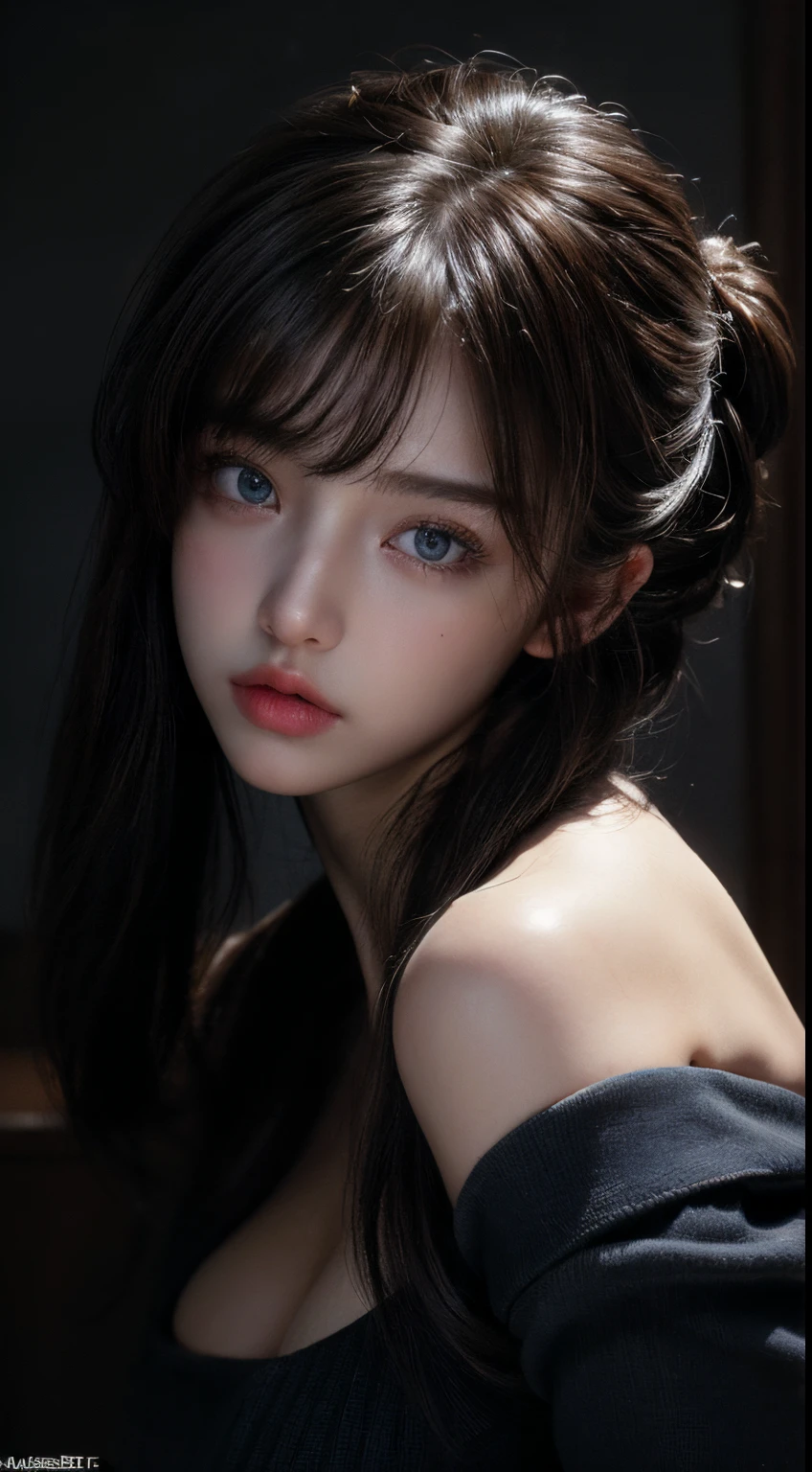 ((Best Quality, 8K, Masterpiece: 1.3)),((Hasselblad photo)), finely detailed skin, clear focus, (cinematic lighting), soft lighting , Beautiful Woman , (Random Hairstyle: 1.2), Ultra-detailed face, Glossy skin, Bangs, big boob , Exposed cleavage, blue Eyes, ((Dark background)), looking at viewer, off shoulder, black sweater, sharp face, open mouse, long bang,