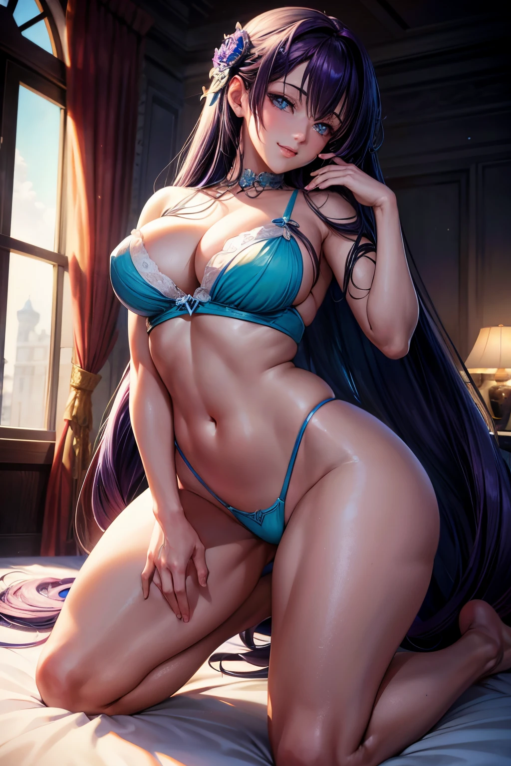 a beautiful anime full-body glamour portrait of a smiling wide with parted lips Akeno Himejima, goddess, Busty (deep cleavage), flirtatious smile, gazing lovingly at the viewer, revealing, long hair, purple hair, astonishing blue eyes, anatomically correct, mid-twenties, modeling in a bedroom, silk Christmas button up pajamas, laying down, WLOP. studio lighting, detailed skin, ultra, realistic, sharp features, highly detailed. Sharp focus, natural skin, natural skin texture, subsurface scattering, muted colors, skin pores, perfect face, perfect eyes, perfect full lips, supple female form, vivid, cinematic, Film light, Hyper detailed, Hyper-realistic, masterpiece, atmospheric, High resolution, Vibrant, High contrast, dark angle, 8k, HDR, 500px, a view from below