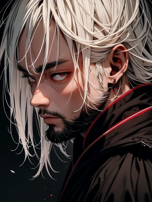 An white haired asian male with tanned skin,(the same person , 26 years old, trimmed beard with long white hair and red pupil, wearing black robe), forest background, vagabond art style, kentaro miura art style, high-angle, ( full body), detailed lighting and shadows, detailed, masterpiece, 4k, good image, perfect face, good anatomy, stoic expression, good posture, hand combat pose, solo.