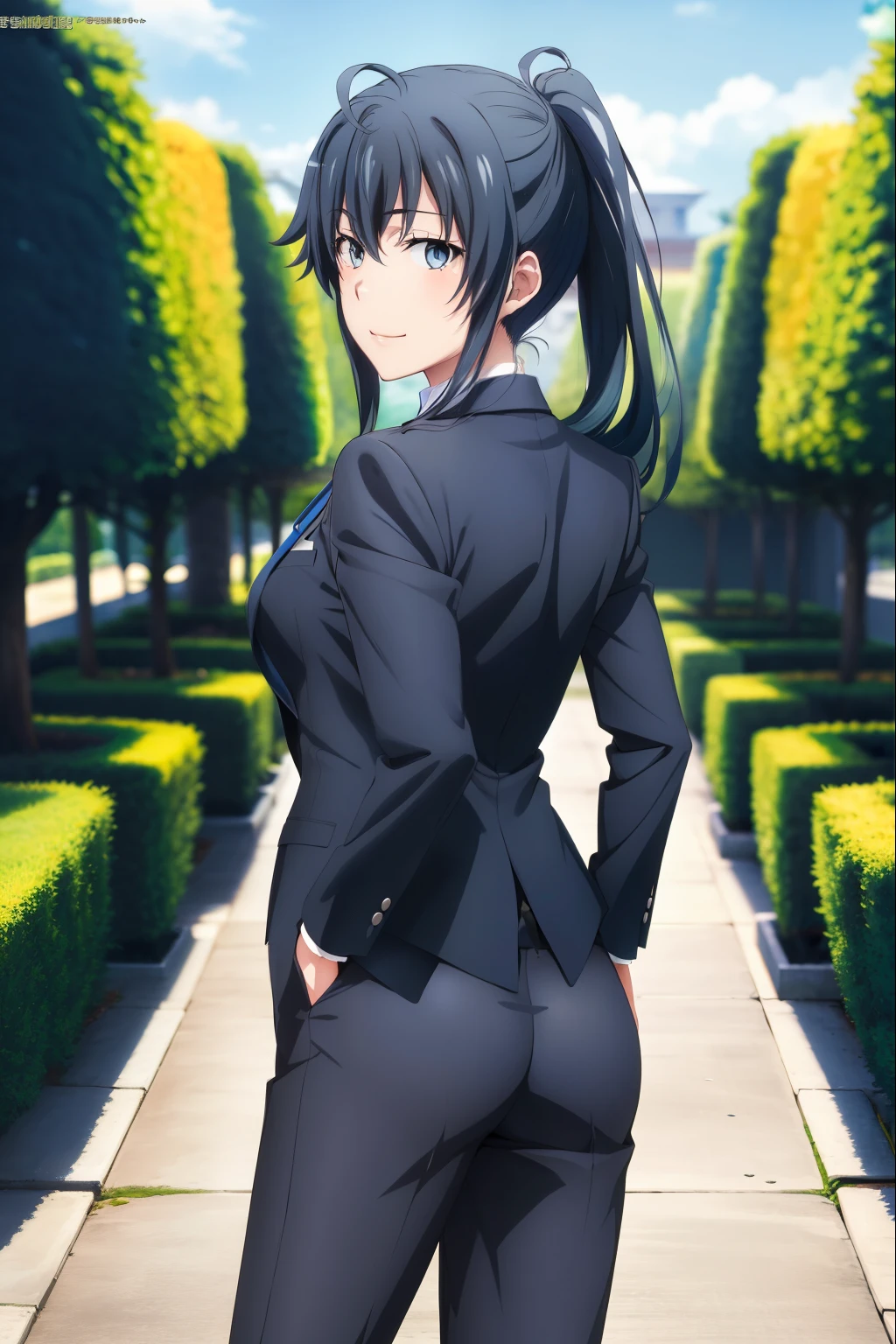 1girl, Yukinoshita Yukino, Beautiful garden for wallpaper , Specially designed back coat, Stands with one hand in her pocket, white pants, collared shirt, Tuxedo , blue necktie, eyes blue, Black haired ponytail, Smileing, wallpaper, Female Butler, Best Quality, Badass Butler