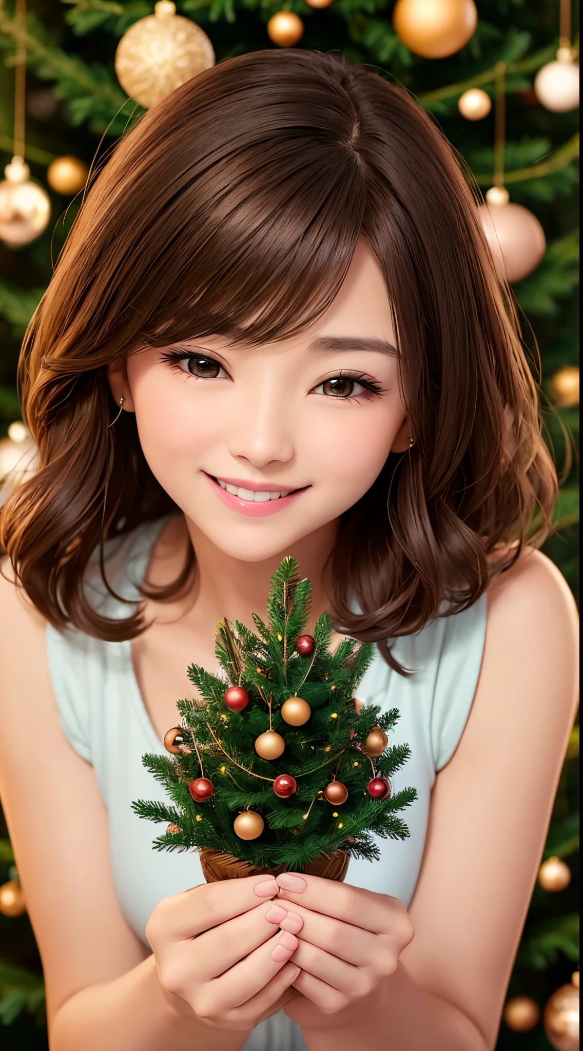 She is a 40 year old woman with a cute smile、thin and small lips、Small eyes、brown hair berry short cut、small nose、Christmas Tree Background、