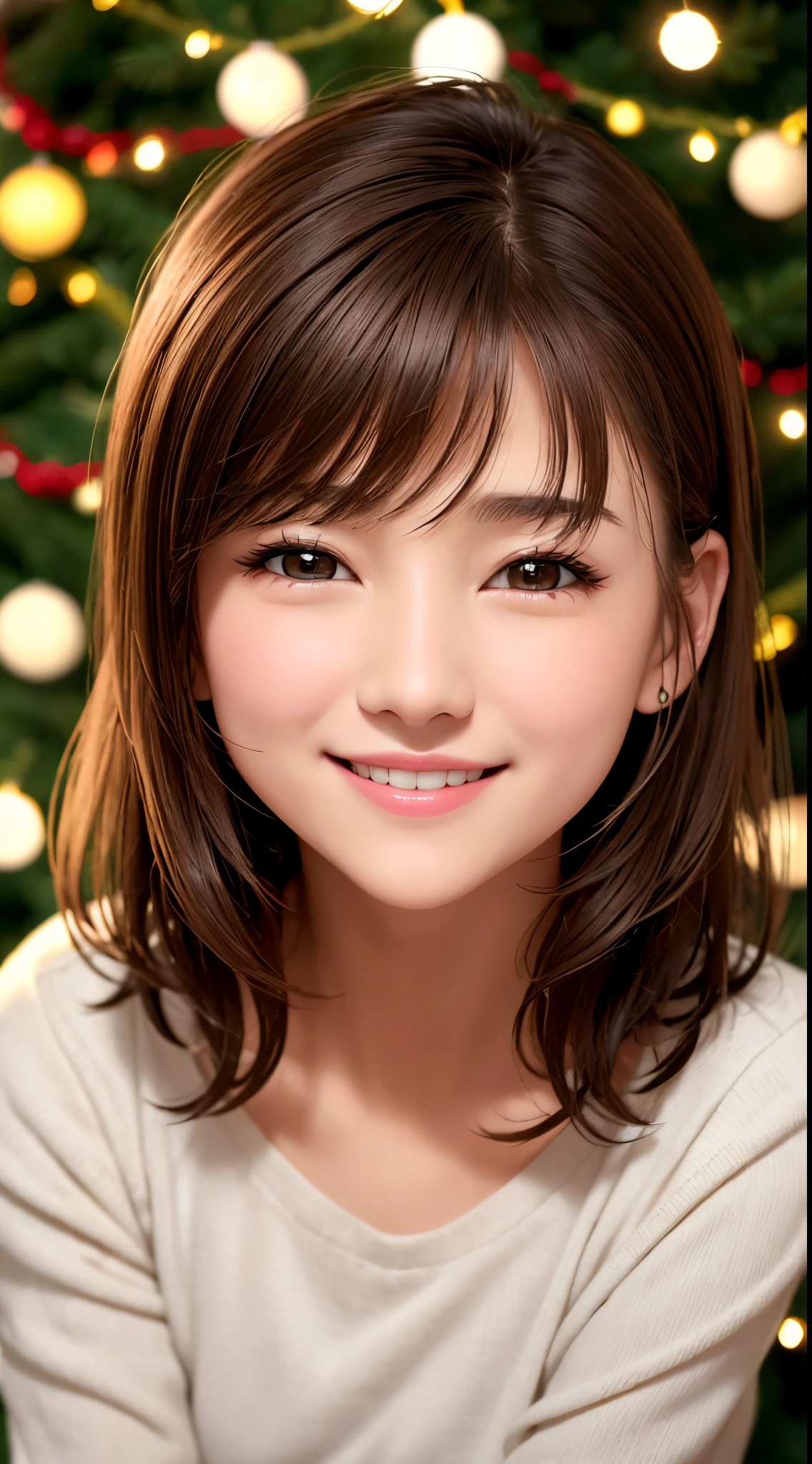 She is a 40 year old woman with a cute smile、thin and small lips、Small eyes、brown hair berry short cut、small nose、Christmas Tree Background、