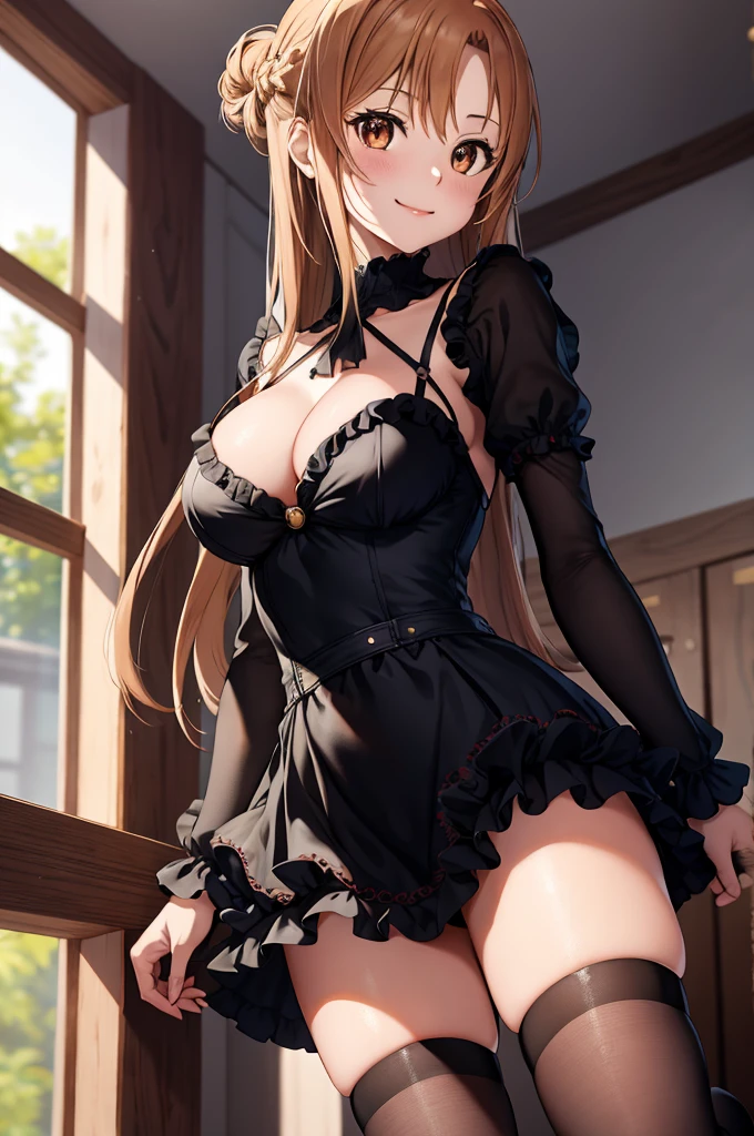 anime, highly detailed face, highly detailed eyes, highly detailed background, perfect lighting, full body, 1girl, solo, Asuna Yuuki, asuna, formal, indoors, smile, black short dress, black heels, cleavage, tiara, jewelry, hair bun, frilled skirt, see-through, black thighhighs, long light brown hair, absurdres, high res, ultrasharp, 8K, masterpiece, looking at viewer