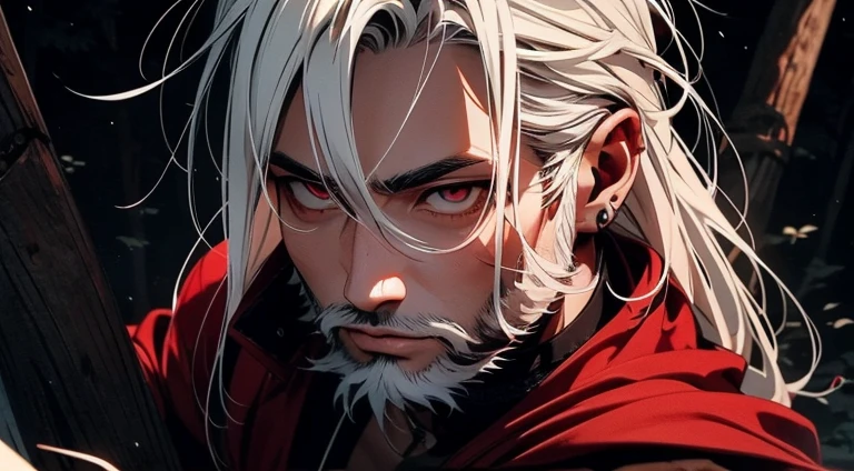An white haired asian male with tanned skin,(the same person , 26 years old, trimmed beard with long white hair and red pupil, wearing black robe), forest background, vagabond art style, kentaro miura art style, high angle, ( full body), detailed lighting and shadows, detailed, masterpiece, 4k, good image, perfect face, good anatomy, stoic expression, good posture, hand combat pose, solo.