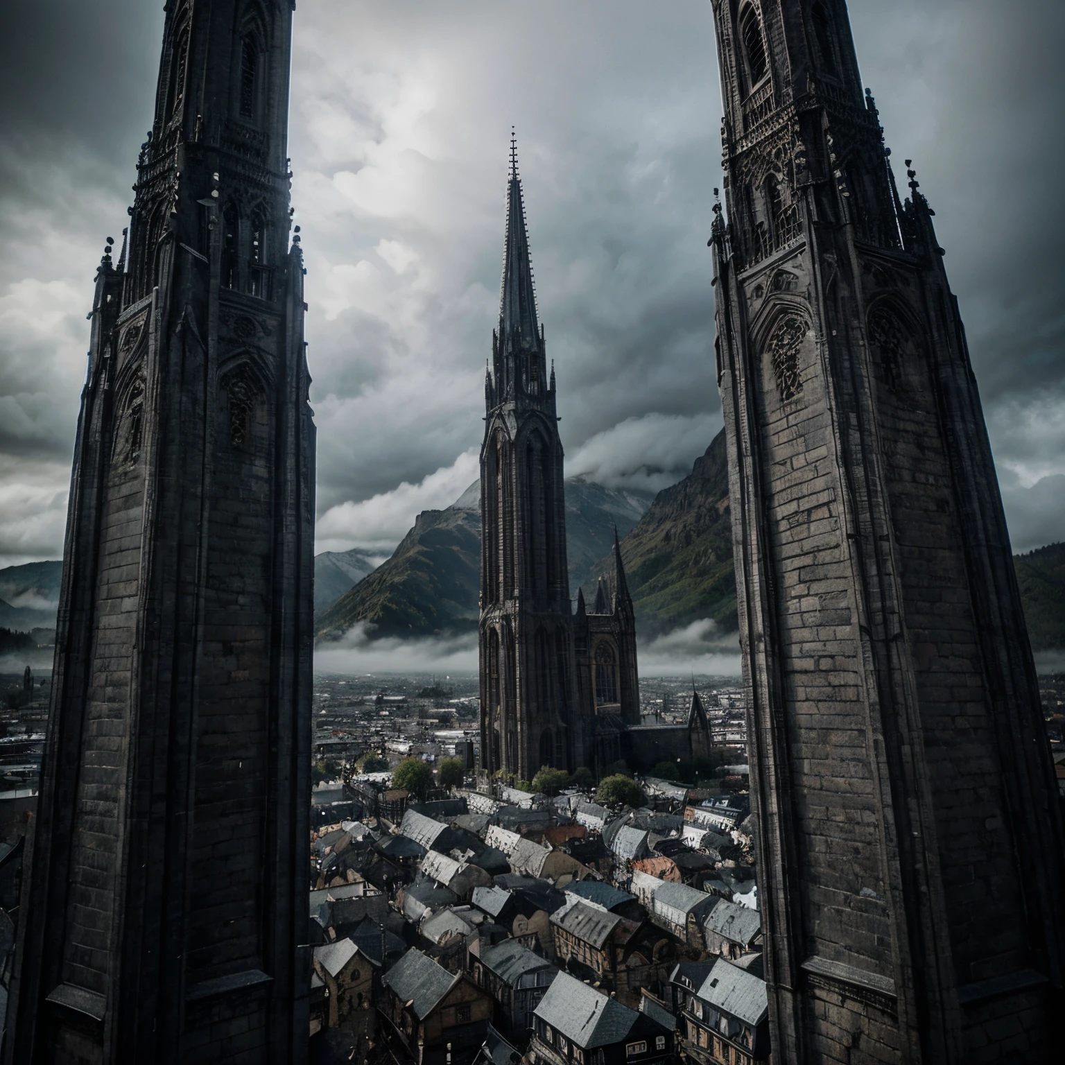 Gothic victorian architecture city surrounded by tall mountains beautiful cloudy grey sky muted tones gothic victorian women victorian city beautiful