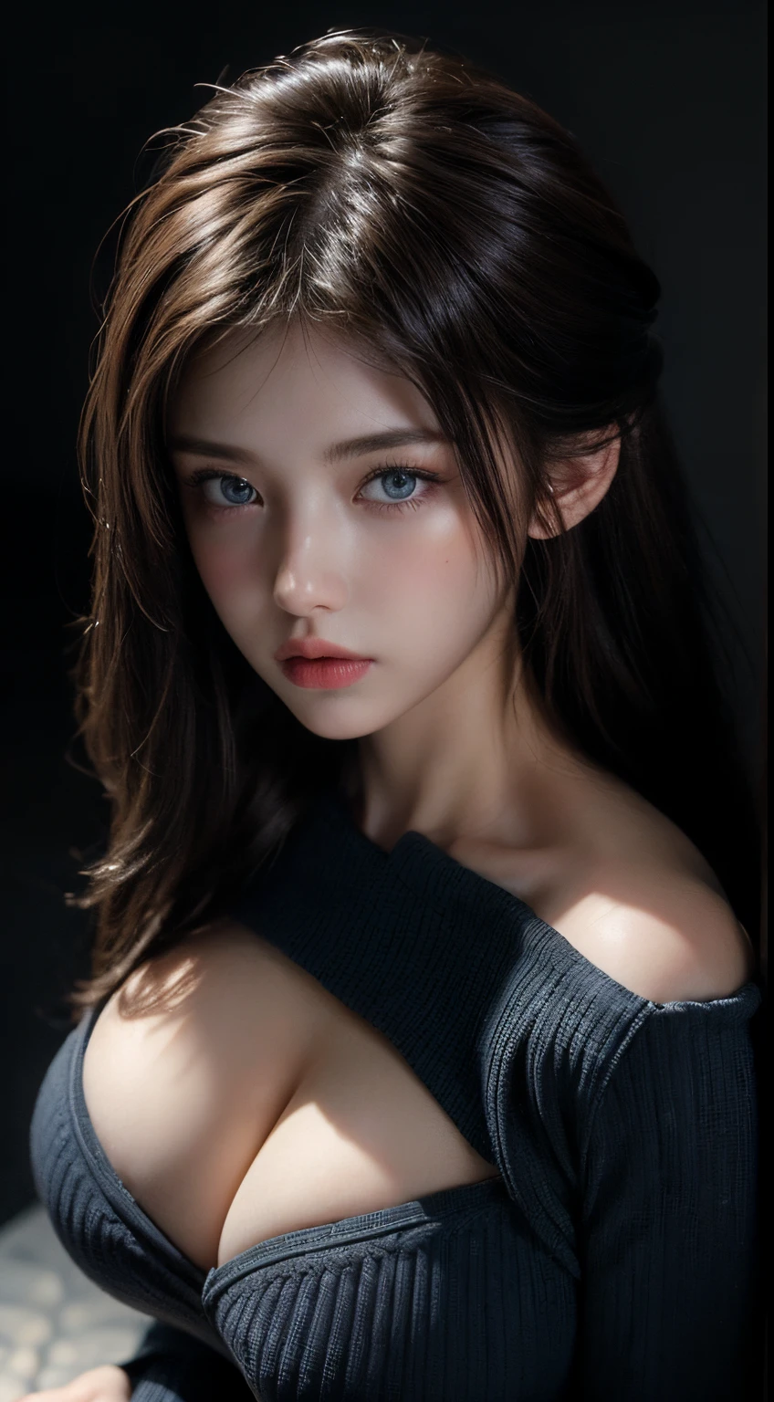 ((Best Quality, 8K, Masterpiece: 1.3)),((Hasselblad photo)), finely detailed skin, clear focus, (cinematic lighting), soft lighting , Beautiful Woman , (Random Hairstyle: 1.2), Ultra-detailed face , Glossy skin, big boob , Exposed cleavage, blue Eyes, ((Dark background)), looking at viewer, off shoulder, black sweater, sharp face, open mouse, long bangs,