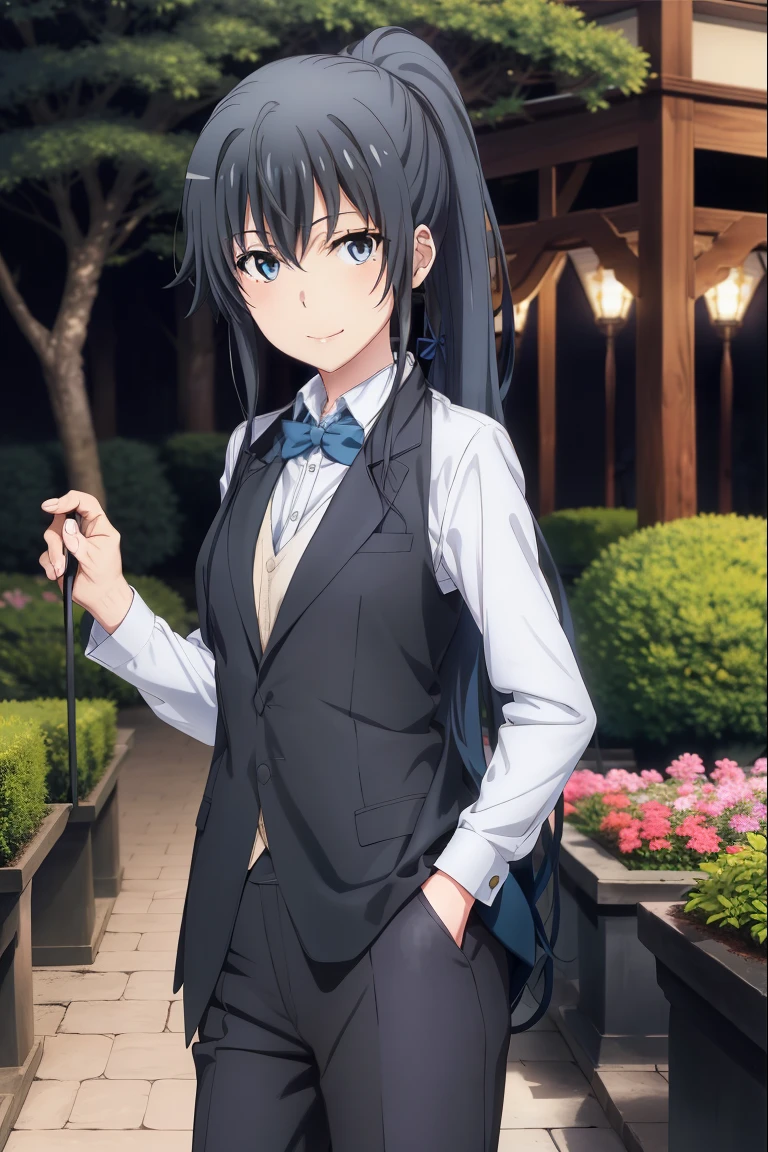 1girl, Yukinoshita Yukino, Beautiful garden for wallpaper , Specially designed back coat, Stands with one hand in her pocket, white pants, collared shirt, Tuxedo , blue necktie, eyes blue, Black haired ponytail, Smileing, wallpaper, Female Butler, Best Quality, Badass Butler