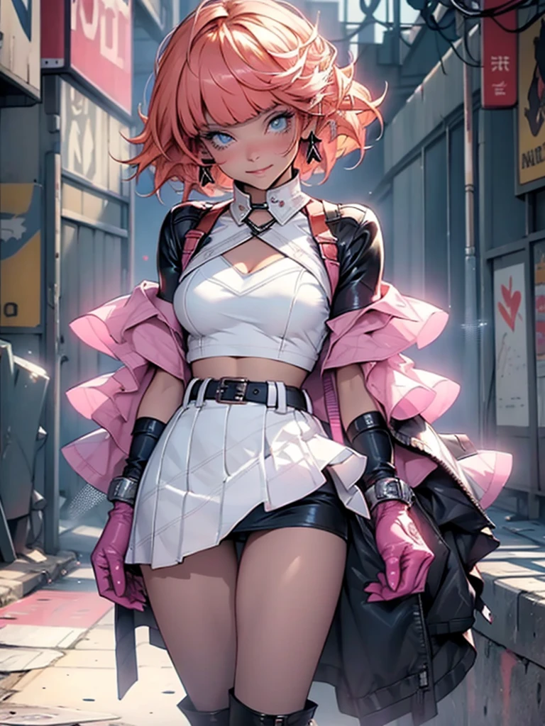 1girl,cowboy shot, beautiful noralkyrie, breasts, looking at viewer, blush, smile, short hair, bangs, blue eyes, skirt, thighhighs, gloves, holding, hair between eyes, jewelry, medium breasts, collarbone, full body, boots, orange hair, grin, shiny hair, blue cropped jacket, white thighhighs, hammernight, outdoors, park, (volumetric lighting), best quality, masterpiece, intricate details, tonemapping, sharp focus, hyper detailed, heart cutout, gloves, jacket, pink skirt, pink belt, short sleeves, puffy sleeves, single armband, fingerless gloves, pink gloves, white ankle boots with pink soles