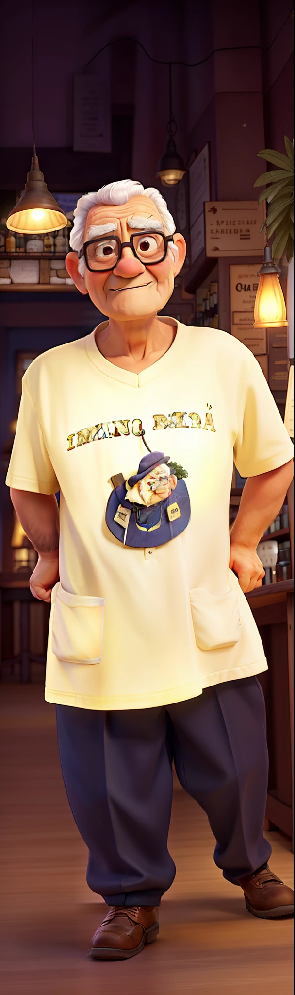 A wise old man standing in front, illuminated by the light of a lamp, contra o pano de fundo de um bar