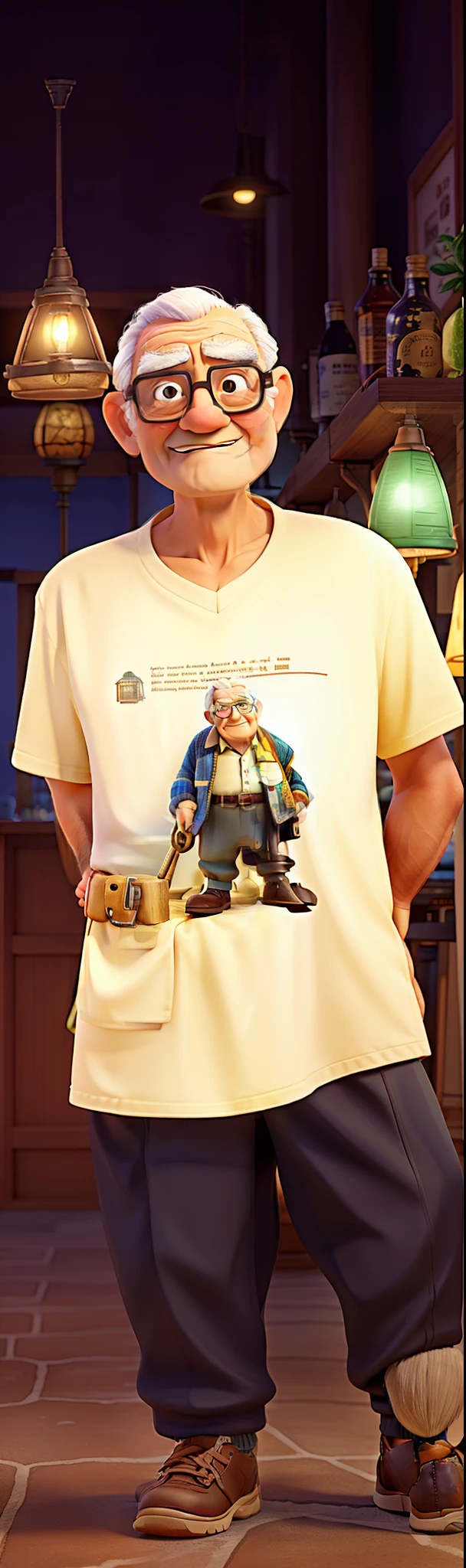 A wise old man standing in front, illuminated by the light of a lamp, contra o pano de fundo de um bar