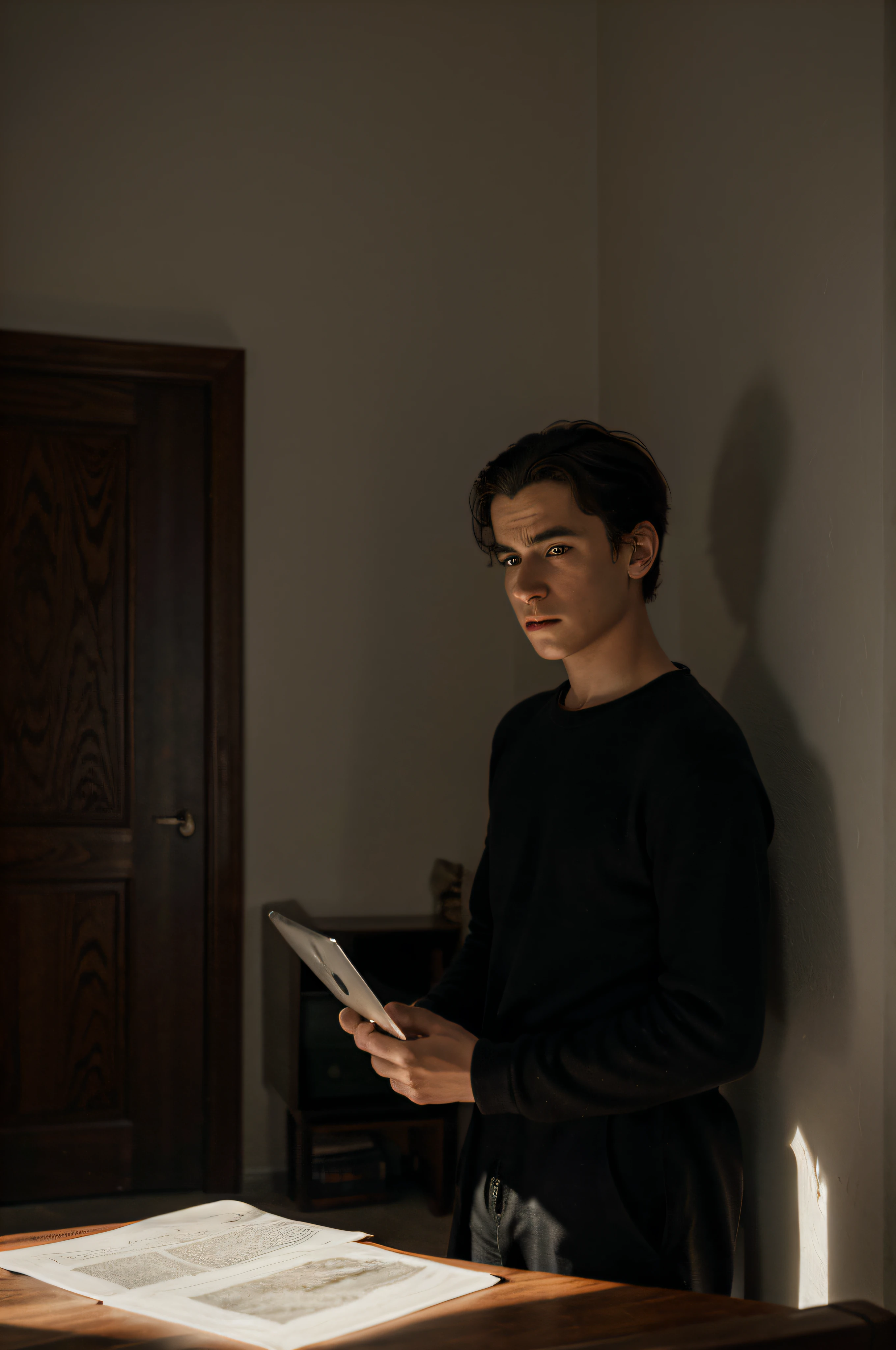 A boy, hunched over a laptop, his face etched with despair. The room dimly lit, casting long shadows. The air heavy, suffocating. The scene captured in high-definition 4K resolution, revealing every painful detail. The camera settings: DSLR, ISO 800, shutter speed 1/60, 4K film. Artists who might capture this mood: Edward Hopper, Egon Schiele, Edward Gorey.