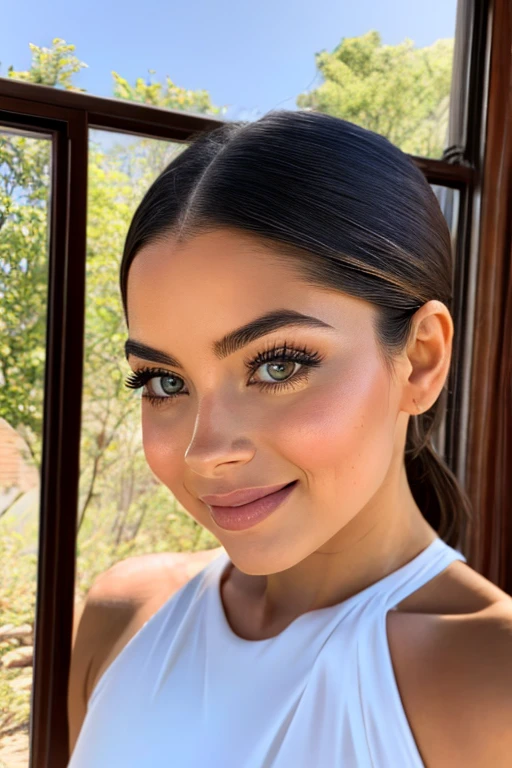 Una encantadora modelo de Instagram posa junto a una ventana iluminada por el sol, con un atuendo moderno que muestra su vibrante personalidad. La modelo tiene una sonrisa alegre y sus ojos son cautivadores, atrayendo a los espectadores. El ambiente interior es moderno y elegante, with minimalist décor and soft pastel colors. Sunlight coming in through the window highlights its features and creates a warm atmosphere. The camera captures the model in a medium shot,