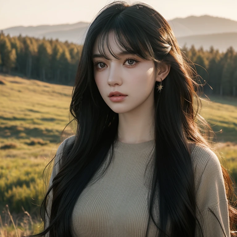 Young woman with long wavy black hair adorned with bangs. She has pale skin and amber eyes. She in a meadow. Apocalypse clothing. Resident evil style. Ear piercings.