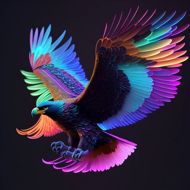 intricate and colorful, (digital painting:1.2) giant eagle, bright neon plumage, flying with wings and talons extended, concept art, octane render, trending on artstation, neon-noir background, iolibt, vfx, Blender and Photoshop, octane render, excellent composition, cinematic atmosphere, dynamic dramatic cinematic lighting, aesthetic, very inspirational, arthouse,(dark plain black background:1.4))