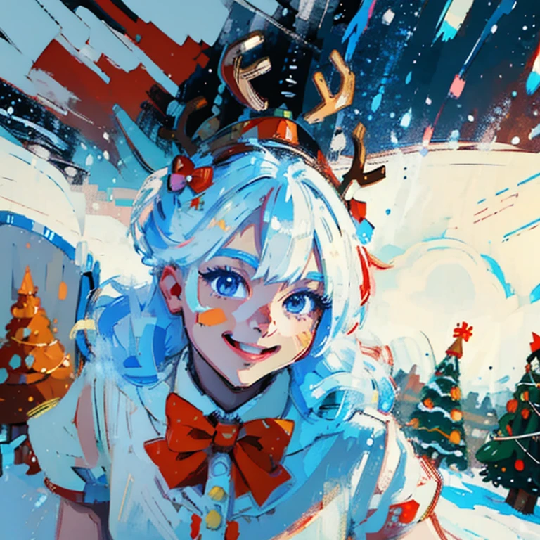 "Cute lady smiling wearing reindeer hat and bow tie, snow behind pine trees, Merry Christmas style, hyper-high detail, (((white backgrounid))), Stylized, Vector graphics, high high quality, 12k, solidcolor, gorgeous one, 6 warm colors, sticker design, Professional t-shirt design, Vector t-shirt art ready to print, (tmasterpiece, Best quality at best, A high resolution:1.4)"