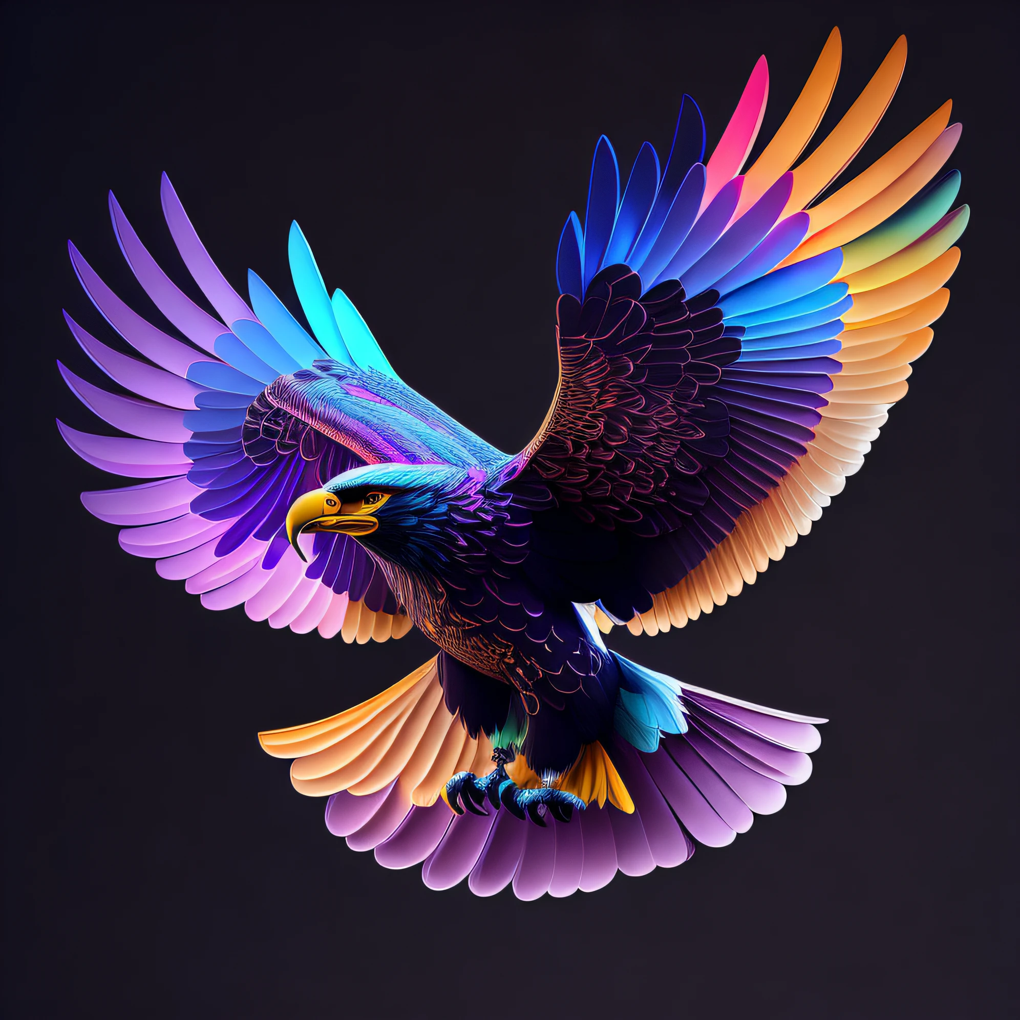 intricate and colorful, (digital painting:1.2) giant eagle, bright neon plumage, flying with wings and talons extended, concept art, octane render, trending on artstation, neon-noir background, iolibt, vfx, Blender and Photoshop, octane render, excellent composition, cinematic atmosphere, dynamic dramatic cinematic lighting, aesthetic, very inspirational, arthouse,(dark plain black background:1.4))