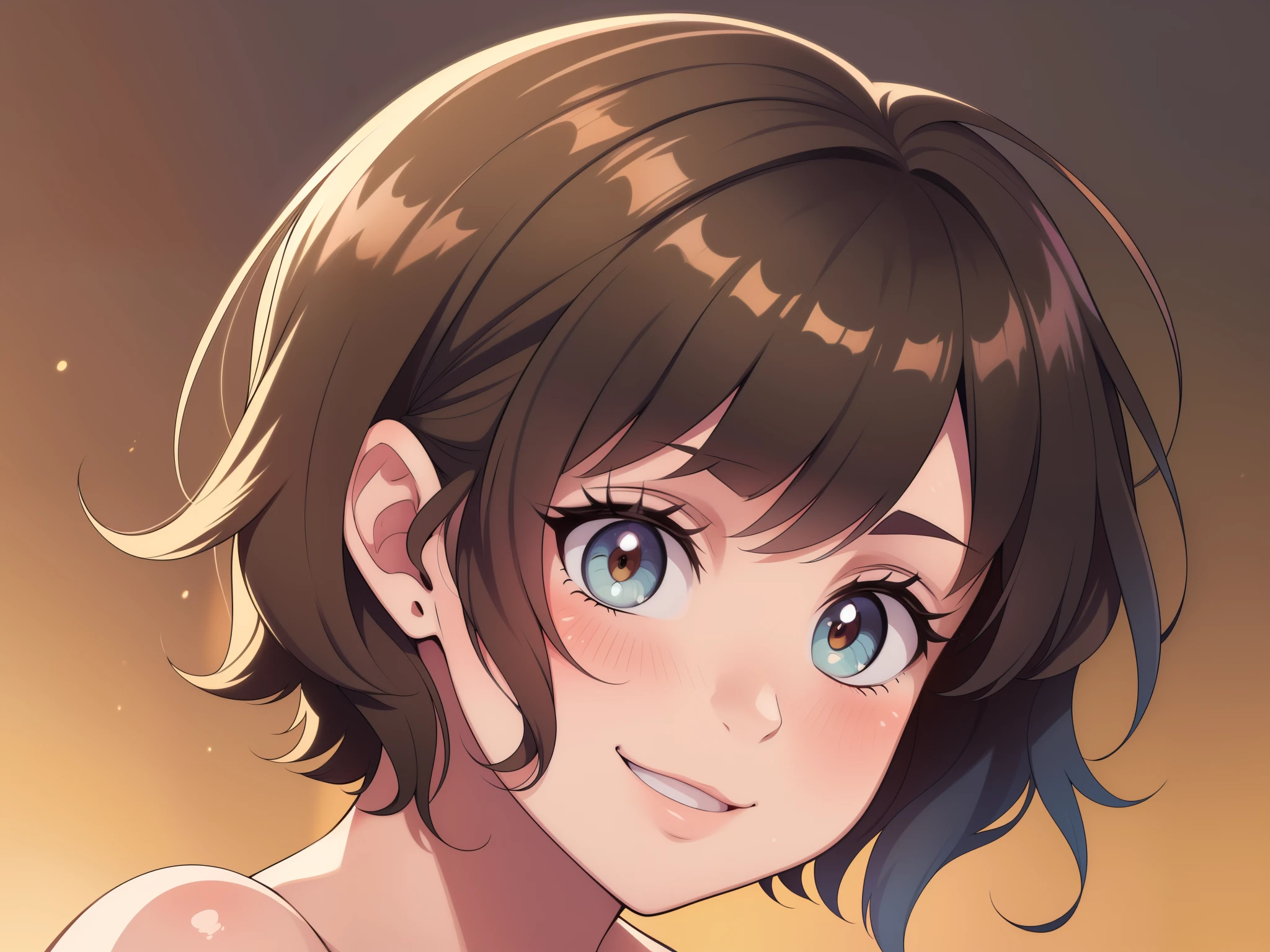 ((masterpiece)), perfect anatomy, perfect shading, field of depth, (best quality), extremely delicate and beautiful, simple background, perfect lighting, detailed face, ultra cute face, cute, portrait, ((1girl)), ((solo)),
short hair, fluffy hair, messy hair, brown hair, green eye, (((blush))), seductive smile,