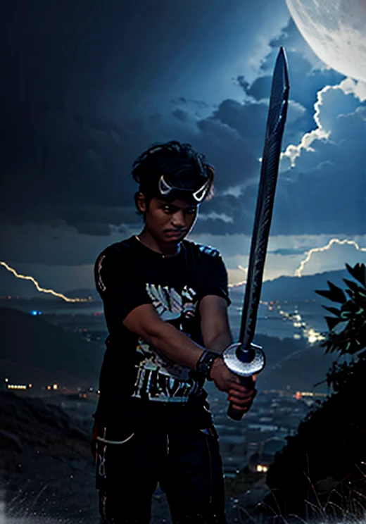 there a man holding a sword in the dark with a full moon in the background, dramatic portraiture of namenlos, dramatic portraiture of uuen, with large sword, posing with a sword, epic dramatic lighting, cinematic shoot, epic portrait of menacing, dramatic intense lighting, fantasy character photo, harsh flash photo at night, with lightning