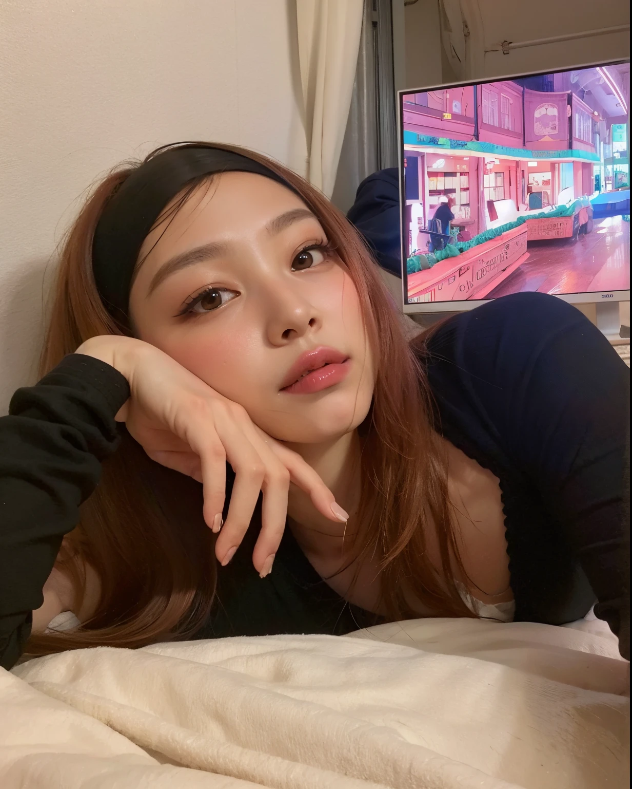 there is a woman lying on a bed with a bandana, jossi do blackpink, Retrato de Jossi de Blackpink, Dom Yunjoo, Parque Roseanne do Blackpink, menina coreana, linda Delphine, com cabelos ruivos, ela tem cabelos longos e redorange, Heonhwa Choe, TaeJune Kim, Ilya Kuvshinov com cabelo longo, Mulher sul-coreana bonita