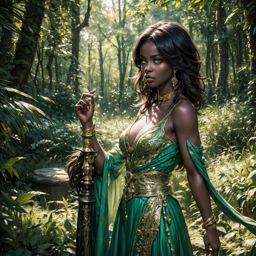 (sorceress,bright and delicate clothes,striking green eyes,delicate face,dark skin,looking at the viewer),(best quality,4k,8k,highres,masterpiece:1.2),ultra-detailed,(realistic,photorealistic,photo-realistic:1.37),HDR,professional,vivid colors,portraits