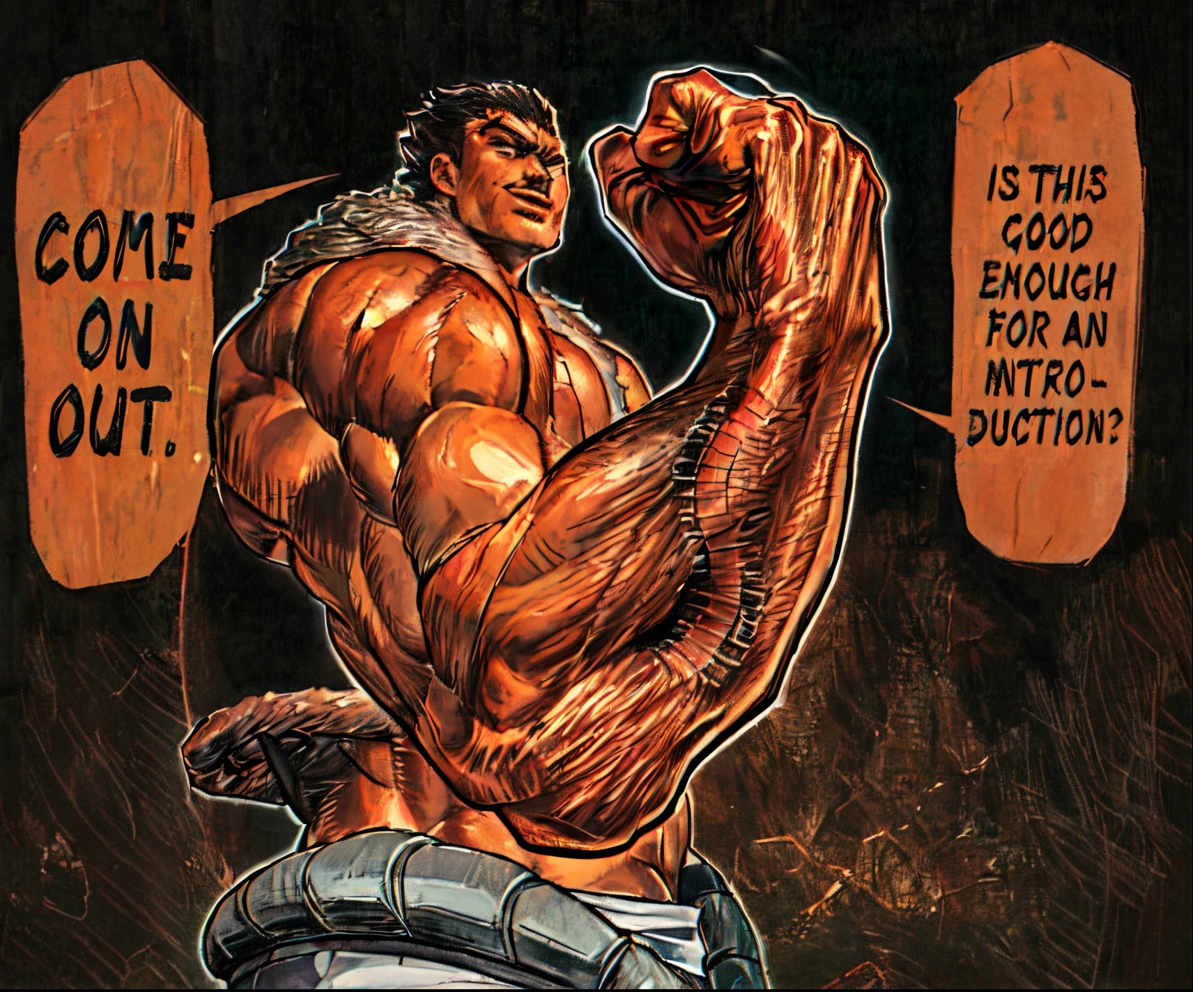 Image of a muscular man showing his arm and fist.., centipede tattoo.