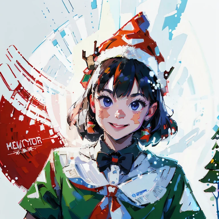 "Cute girl smiling wearing reindeer hat and bow tie, snow behind pine trees, Merry Christmas style, hyper-high detail, (((white backgrounid))), Stylized, Vector graphics, high high quality, 12k, solidcolor, gorgeous one, 6 warm colors, sticker design, Professional t-shirt design, Vector t-shirt art ready to print, (tmasterpiece, Best quality at best, A high resolution:1.4)"