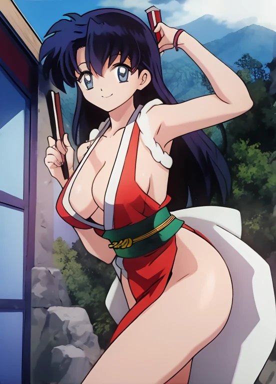 masterpiece, best quality, Kagome Higurashi, Mai Shiranui, kunoichi dress, large breasts, cleavage,smile, cowboy shot , BREAK dojo, japanese architecture, llchar, standing, sexy pose,skin tight