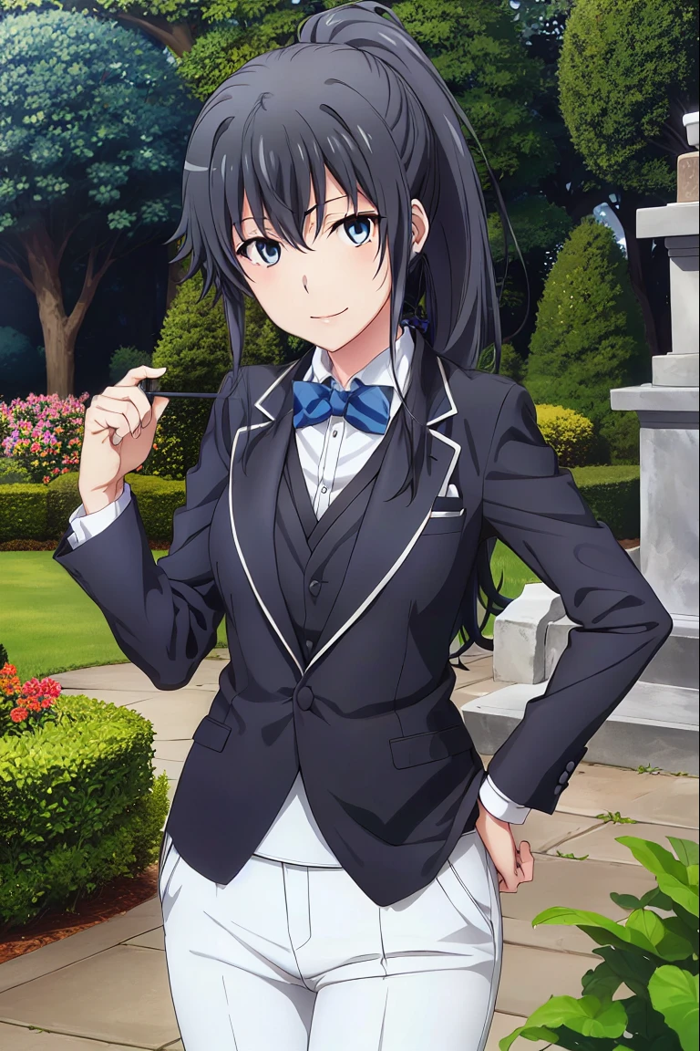1girl, yukinoshita yukino, Beautiful garden for a background , tailored tailcoat, standing one hand in her pocket, white pants, collared shirt, tuxedo , blue necktie, blue eyes, ponytail black hair, smiling, wallpaper, female butler, best quality, badass butler