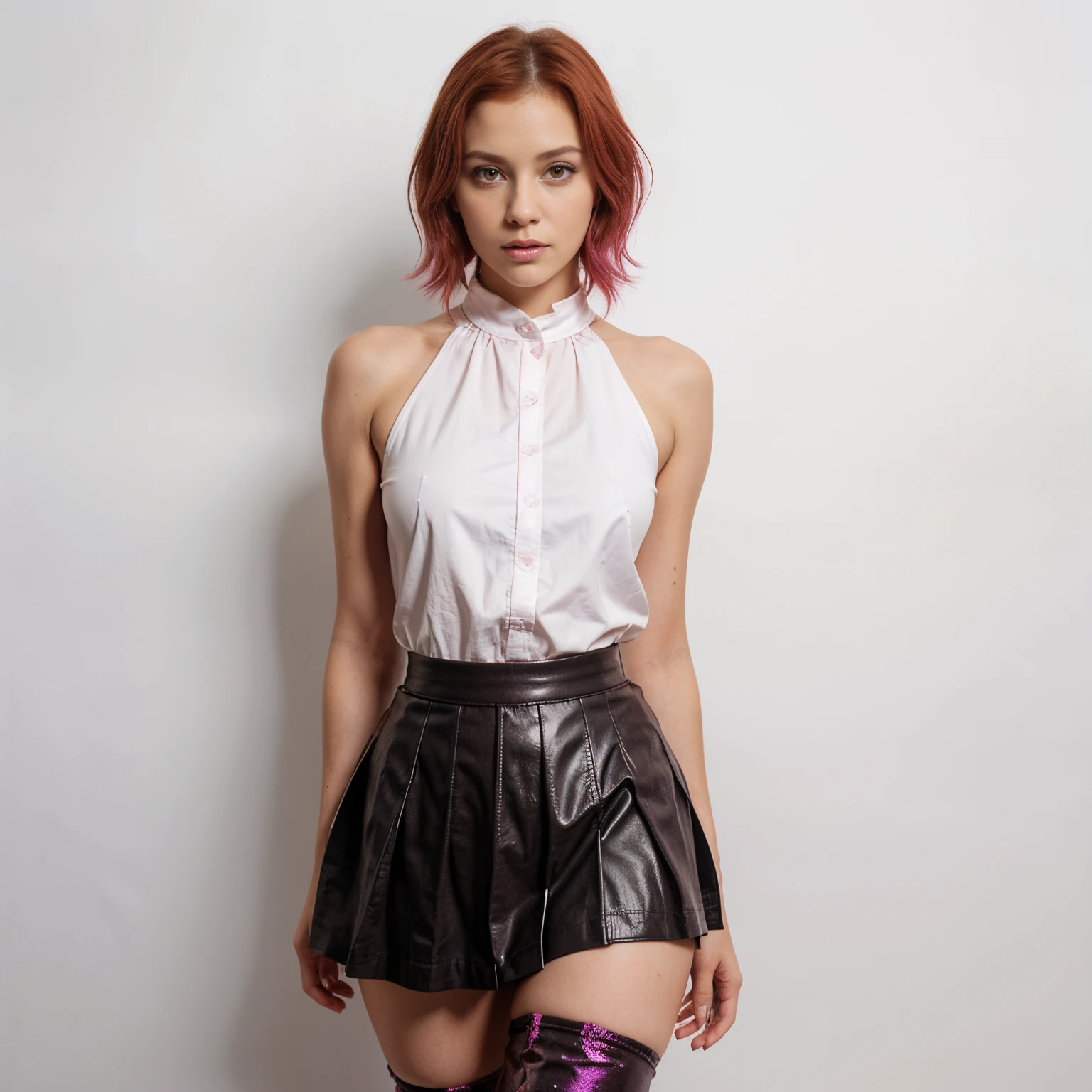 a beautiful woman, 32 years old, short red hair, shimmering brown eyes, with thigh high boots, with a purple and pink blaser, skirt, and white background, intricate details,