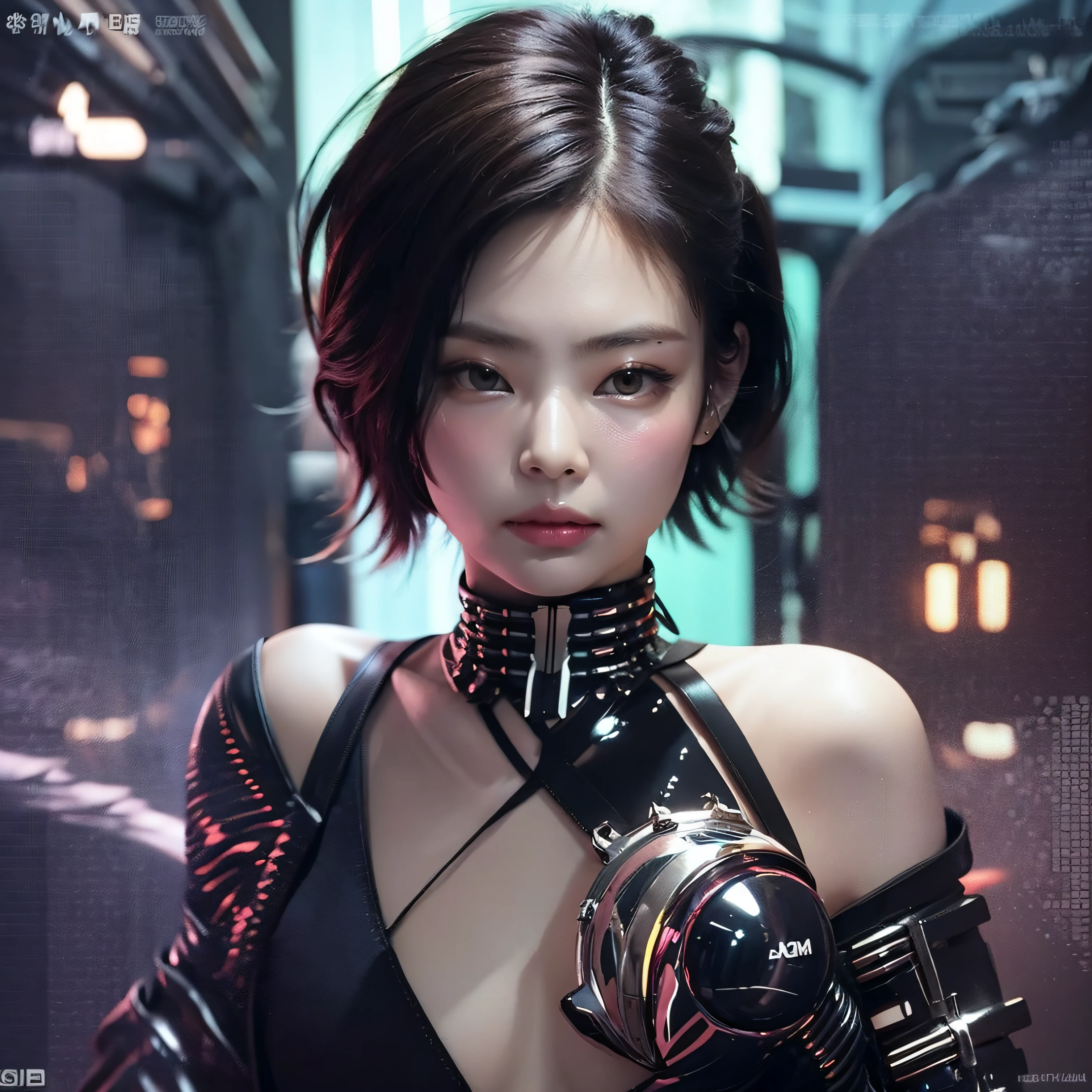 bright eyes, super detailed, black short hair, blood and wounds, stab wounds on body, dirty clothes, Jennie Kim, 30 yrs old girl, cyberpunk sexy suit, black hair, neon lights background,