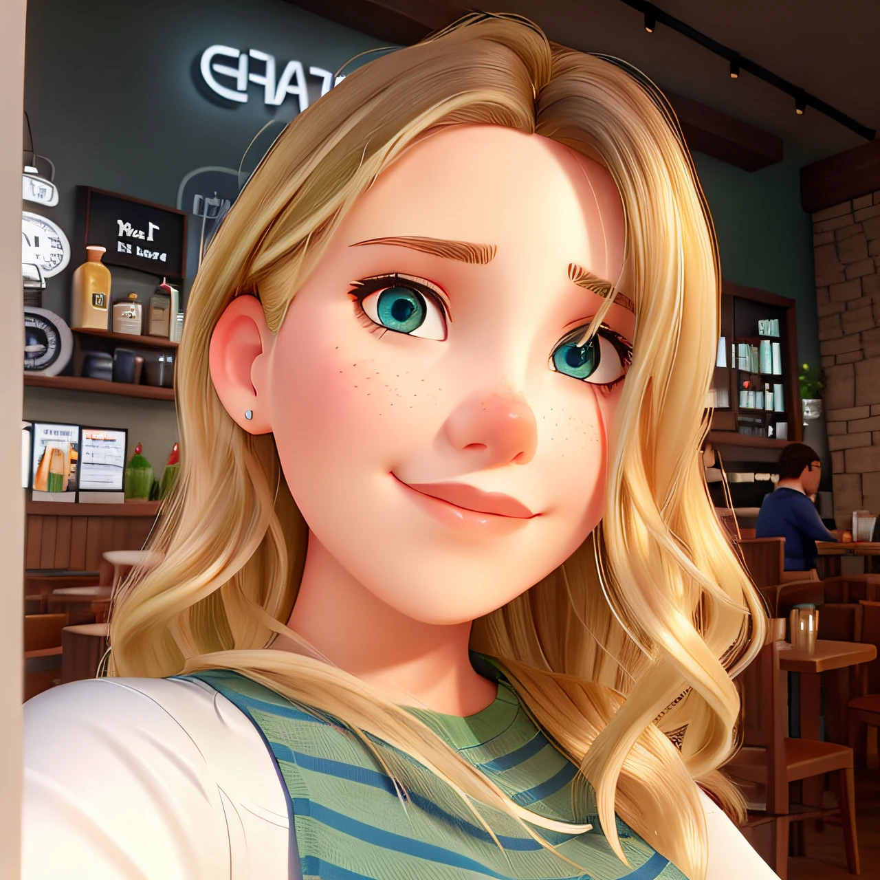 blond woman with dark roots hair brushed to the side, blue eyes and a green striped top in a cafe, selfie
