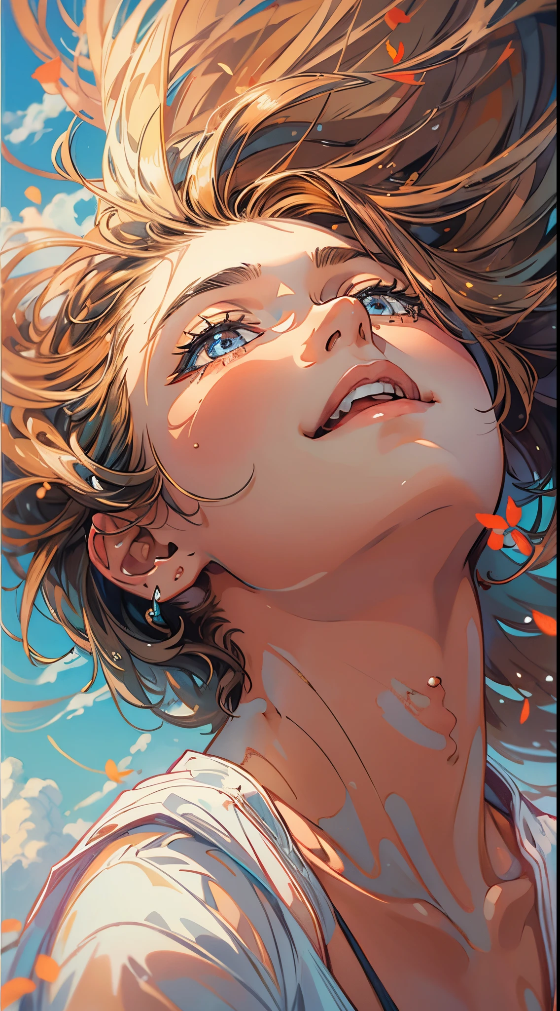 relaxing style, Warm atmosphere, masterpiece, best quality, (ultra detailed beautiful face and eyes), illustration, detailed beautiful woman, short hair, (the pleasant wind and beautiful sky), laughing out loud, dancing, dynamic angle, depth of field, outdoor field, Cityscape in the distance, suns, Diffusion of light