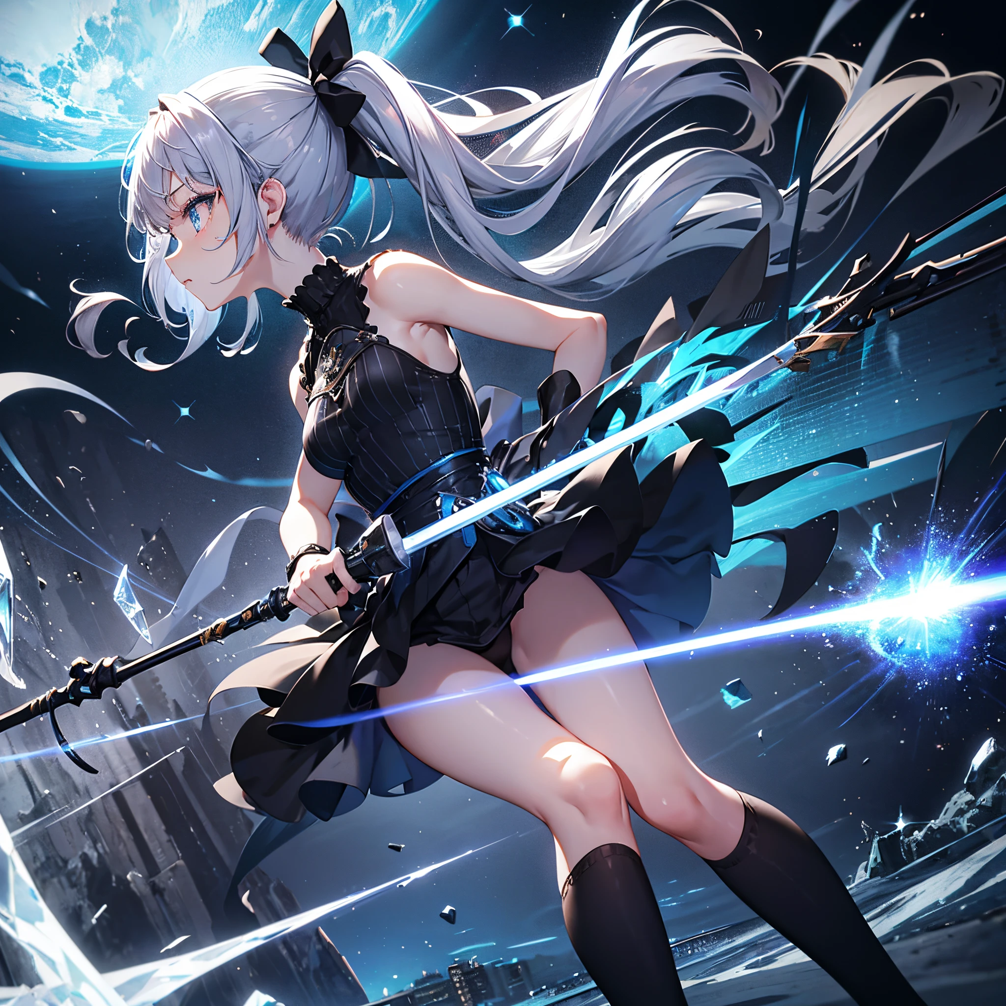 1 girl, solo, short girl, ta, highly detailed silver hair, crystal hair, back twintails, beautiful deep blue eyes, glowing eyes, small breasts, intricate black blue and gray crop_top with threads, threaded outfit, mini skirt, short black socks, holding bow-like weapon, fantasy-style brown shoes, concentrated expression, aiming with weapon, side view, woods in background