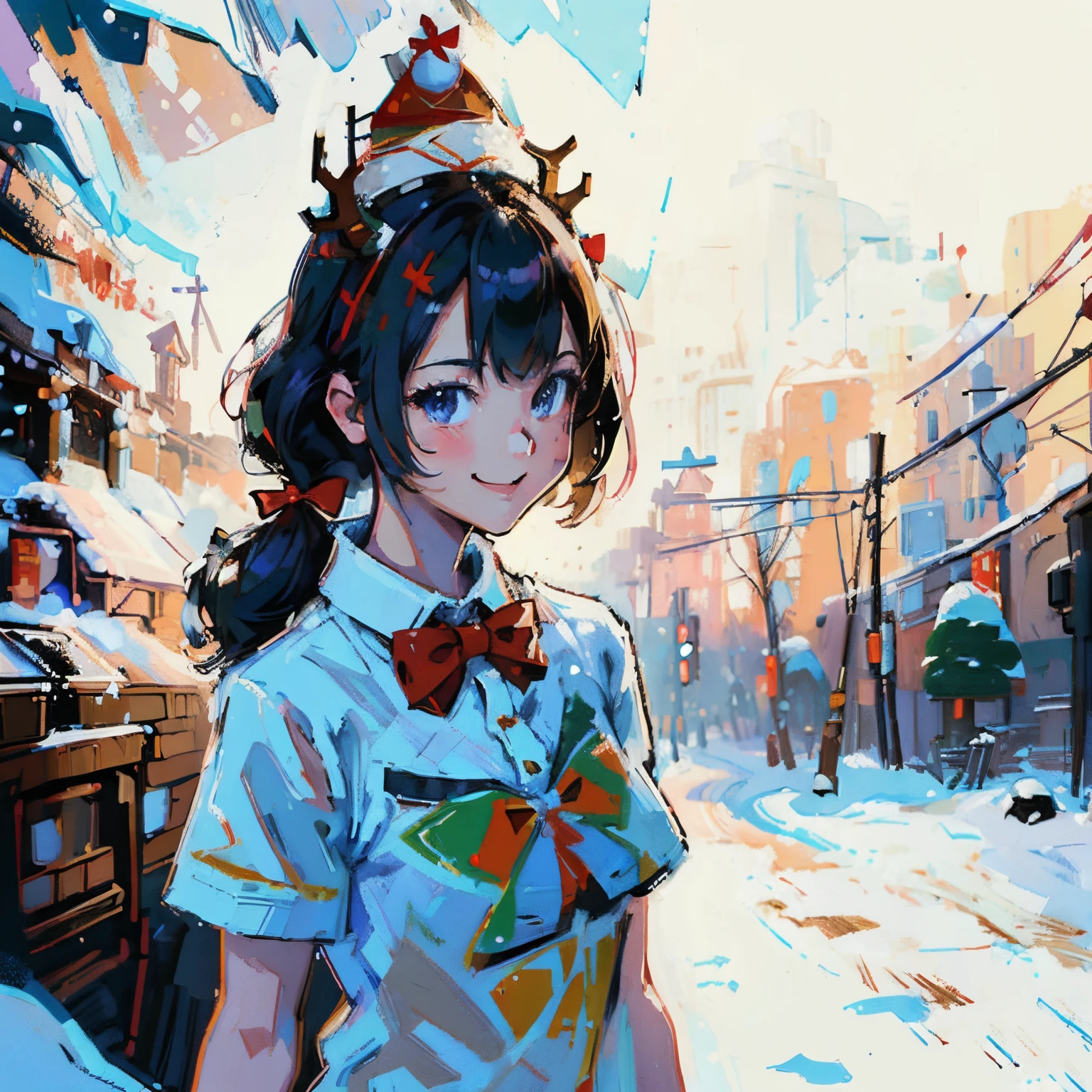 "Cute girl smiling wearing reindeer hat and bow tie, snow behind pine trees, Merry Christmas style, hyper-high detail, (((white backgrounid))), Stylized, Vector graphics, high high quality, 12k, solidcolor, gorgeous one, 6 warm colors, sticker design, Professional t-shirt design, Vector t-shirt art ready to print, (tmasterpiece, Best quality at best, A high resolution:1.4)"