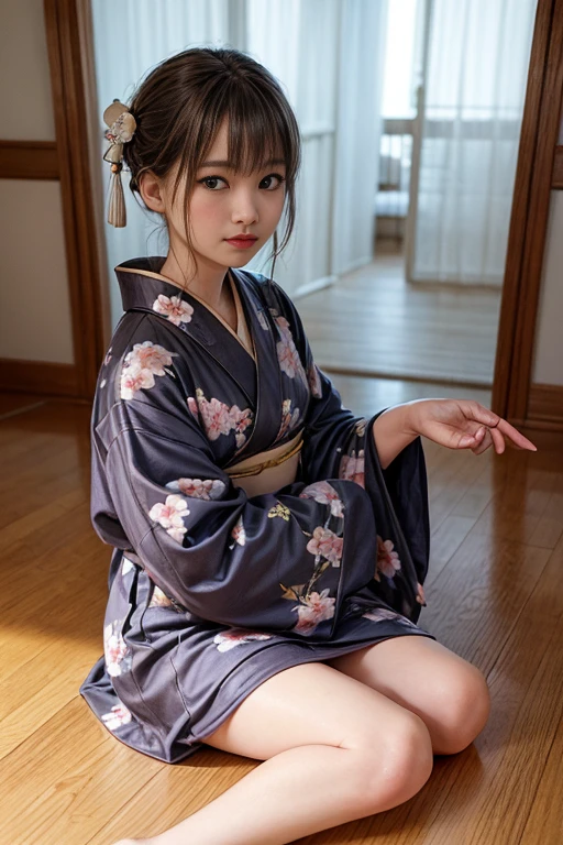 (I'm embarrassed and look down:1.3), (masterpiece:1.3)、Super detailed finish、(High resolution、8k:1.3)、highest quality、professional portrait、professional writing、(beautiful hands、beautiful hands指:1.3)、correct limbs、perfect proportions、(Super realistic like a photo:1.3)、ultra high definition face、Face is in focus、Ultra high definition and beautiful eyes、(focused eyes、eyes that are not too big、Eyes are symmetrical:1.3)、High-definition and beautiful skin、firm skin、natural makeup、gross lip, Ultra high definition hair texture、japanese woman、16 years old、very cute, half updo:1.2, medium breast, cleavage, (thin legs、beautiful legs), (yukata、small hair ornament:1.3), (bedroom), (sitting on the bed), (very embarrassed:1.3), (blush:1.3), He is looking at the camera with a shy look on his face.:1.2、I have my mouth slightly open、(dynamic pose, Pose with hands on chest:1.3)