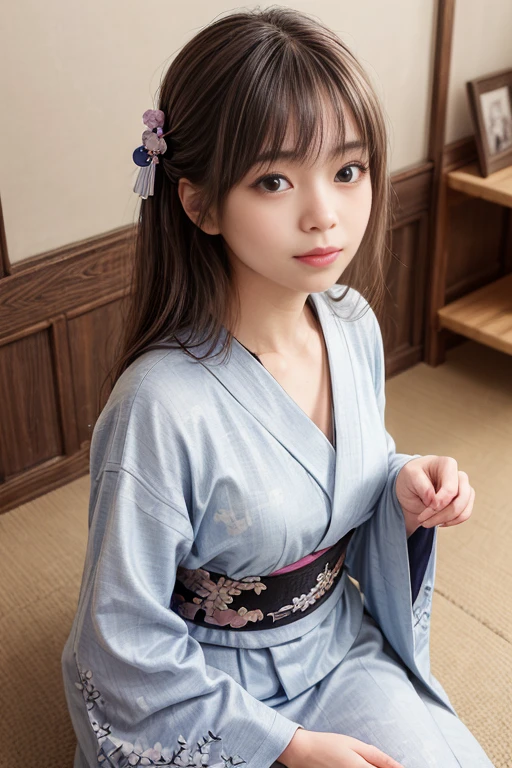 best quality, Gesichtsfokus, Weiches Licht, (Depth of field) ,ultra-high resolution, (fotorealistisch:1.4), RAW-Foto, (portrait:1.4) ,(von vorne)
1Japanese Girl, nur, niedlich, (shy, smil:1.1), (braune Augen),  detailed beautiful face, (kurz_Haar ), Zimmer im japanischen Stil
(Kimono aus Seide:1.4)