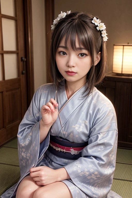 best quality, Gesichtsfokus, Weiches Licht, (Depth of field) ,ultra-high resolution, (fotorealistisch:1.4), RAW-Foto, (portrait:1.4) ,(von vorne)
1Japanese Girl, nur, niedlich, (shy, smil:1.1), (braune Augen),  detailed beautiful face, (kurz_Haar ), Zimmer im japanischen Stil
(Kimono aus Seide:1.4)