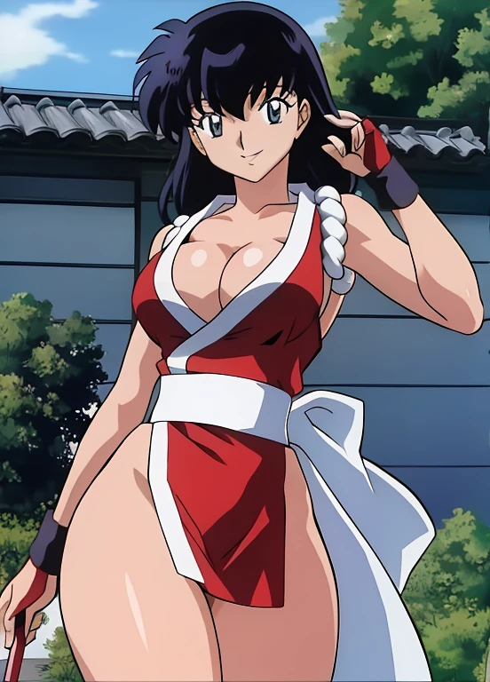 masterpiece, best quality, Kagome Higurashi, teeth, grin, arrogant smile, kunoichi dress, large breasts, cleavage,smile, cowboy shot , BREAK dojo, japanese architecture, fighting stance, defensive pose, dynamic pose, martial arts, female fighter,skin tight