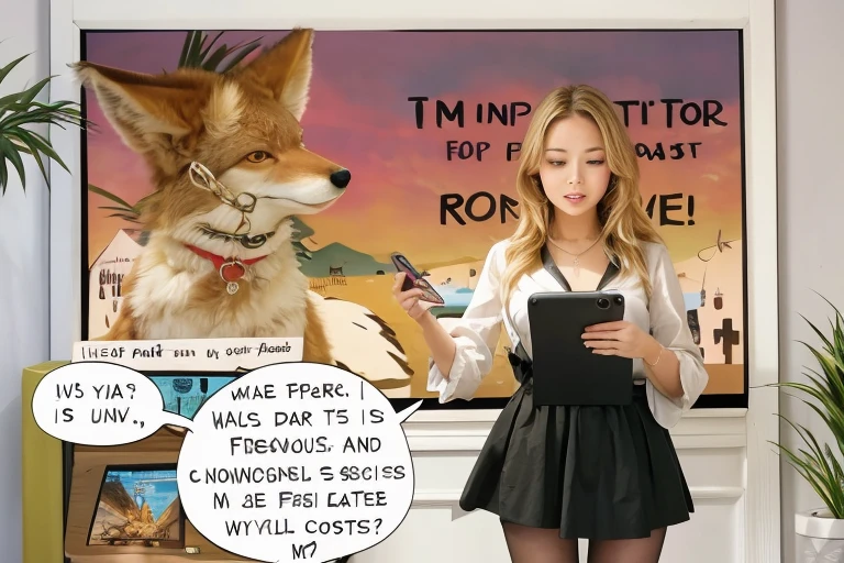 A woman in a skirt holding a tablet computer, an image of a coyote on the background