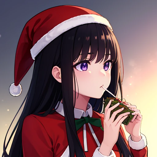 takinainoue, inoue takina, long hair, bangs, black hair, (purple eyes:1.2), christmas shirt, dress, ribbon, christmas uniform, red shirt, white shirt, belt, neck ribbon, christmas dress, rainbow ribbon, red and white dress, two-tone dress, black belt, christmas uniform, best quality, high resolution, unity 8k wallpaper, (illustration:0.8), (beautiful detailed eyes:1.6), extremely detailed face, lighting, detailed CG, (perfect hands, perfect anatomy), christmas hat, christmas accesories, eating candycane