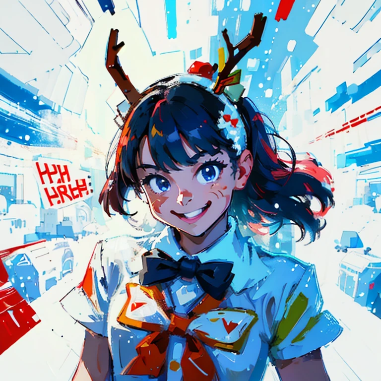 "Cute athletic girl smiling wearing reindeer hat and bow tie, snow behind pine trees, Merry Christmas style, hyper-high detail, (((white backgrounid))), Stylized, Vector graphics, high high quality, 12k, solidcolor, gorgeous one, 6 warm colors, sticker design, Professional t-shirt design, Vector t-shirt art ready to print, (tmasterpiece, Best quality at best, A high resolution:1.4)"